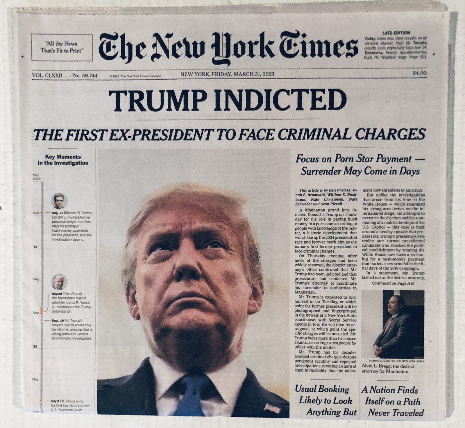 MARCH 31, 2023 NEW YORK TIMES TRUMP INDICTED, 1st EX-PRESIDENT TO FACE CHARGES