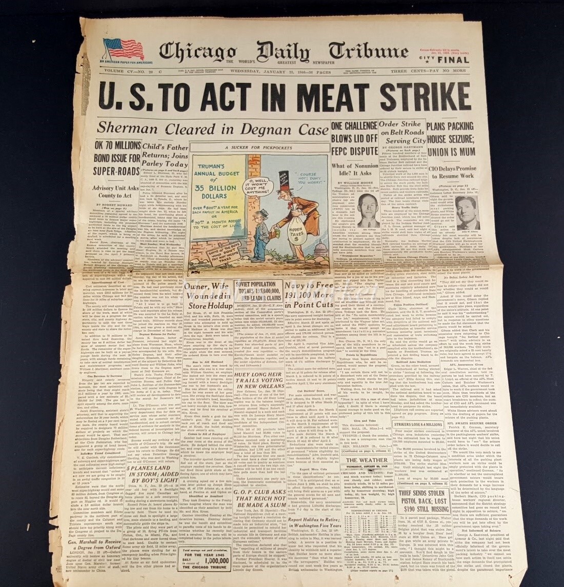 1946 Chicago Tribune Newspaper January 23, Meat Strike