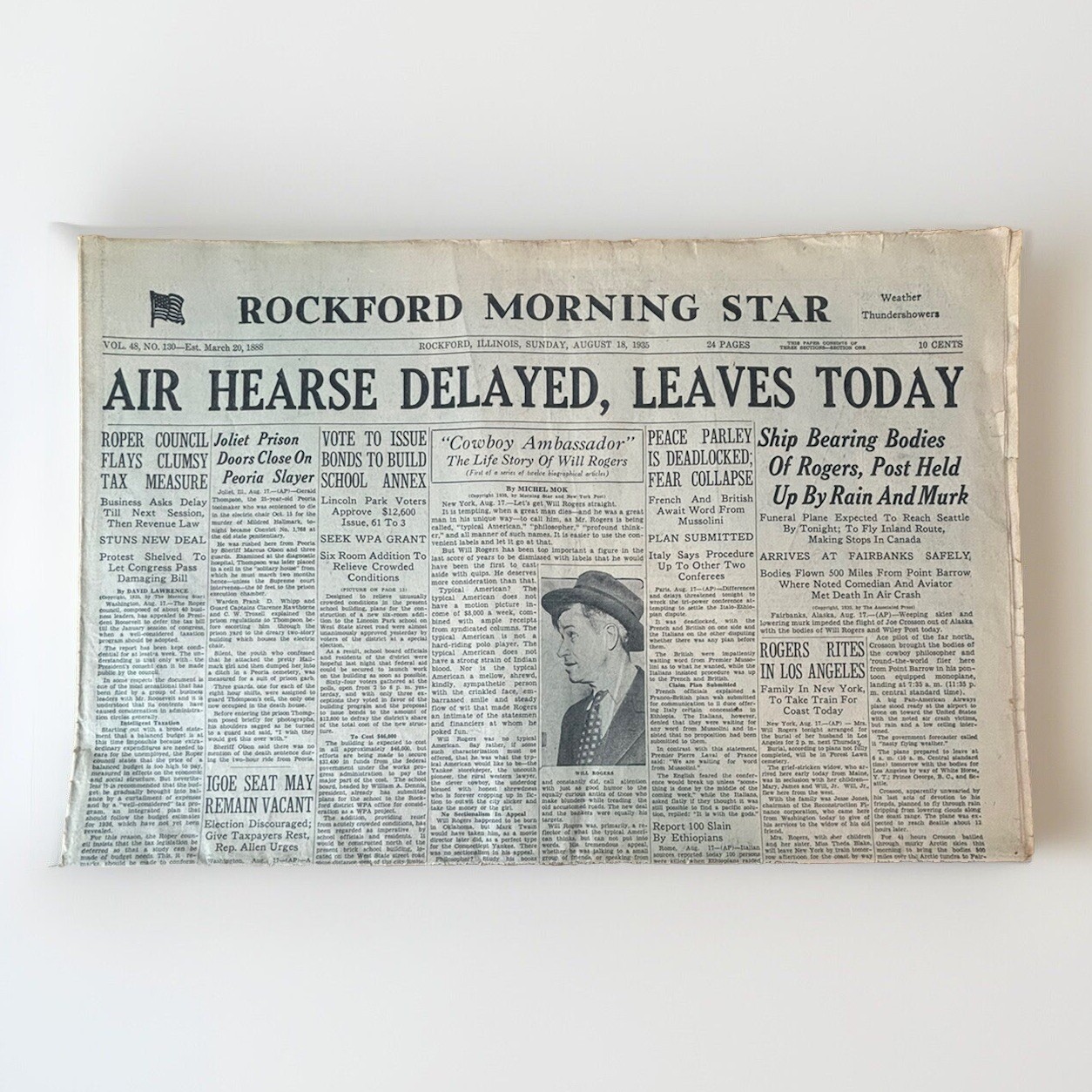 NEWSPAPER: August 18, 1935 – Death of Will Rogers in Alaska – Funeral