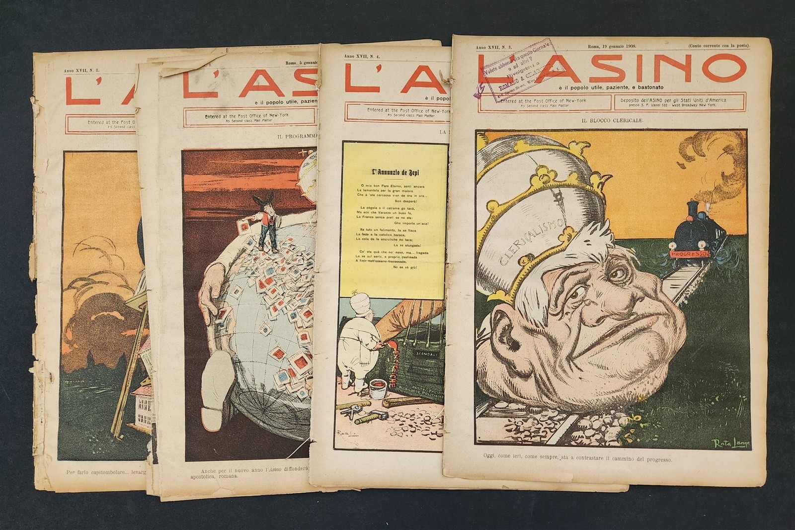 1908 antique L’ASINO socialist anti-catholic satire 4 issues ITALIAN NEWSPAPERS