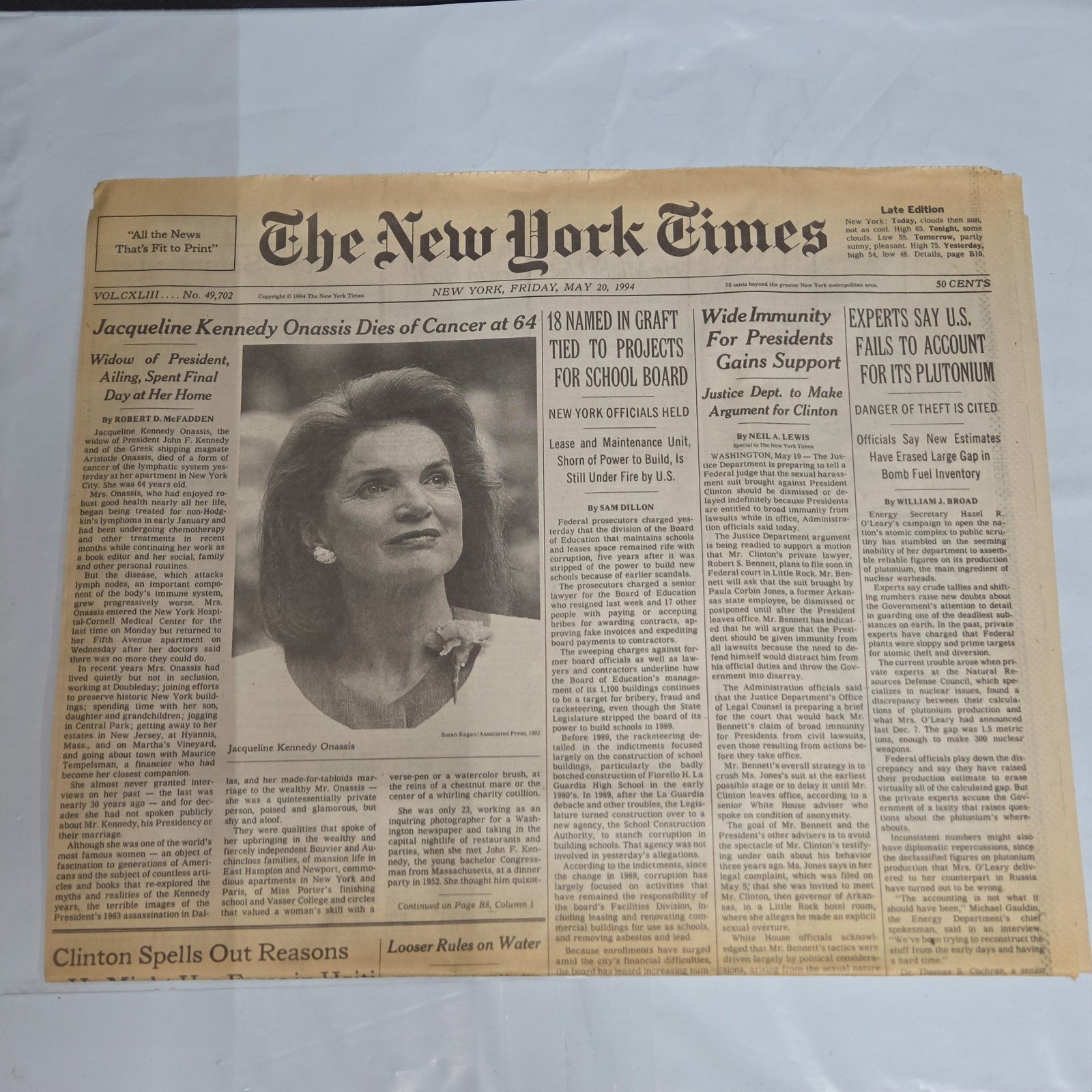 NY Times May 20 1994 Jacqueline Kennedy Onassis Dies Front Page Newspaper