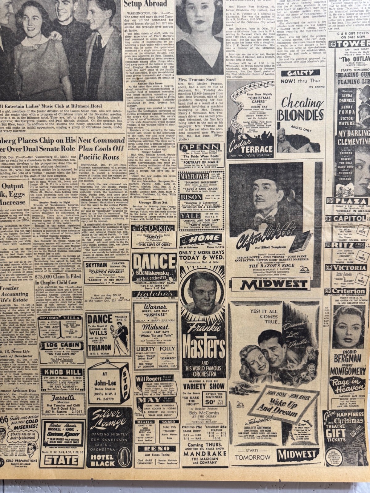 1946 DEC. MOVIE ADS 26 OKLA. CITY NEWSPAPER PAGES WITH LOTS OF ADS GROUP #25