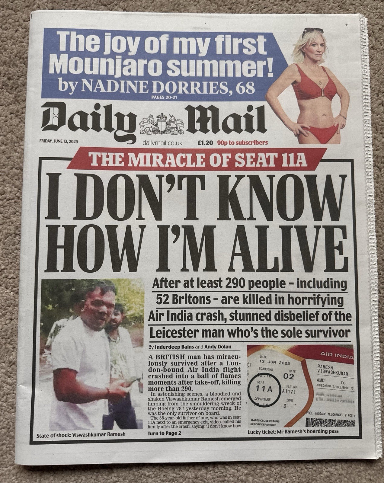 Daily Mail 13th June 2025 13/6/25 Brit Survivor On Air India Plane Crash