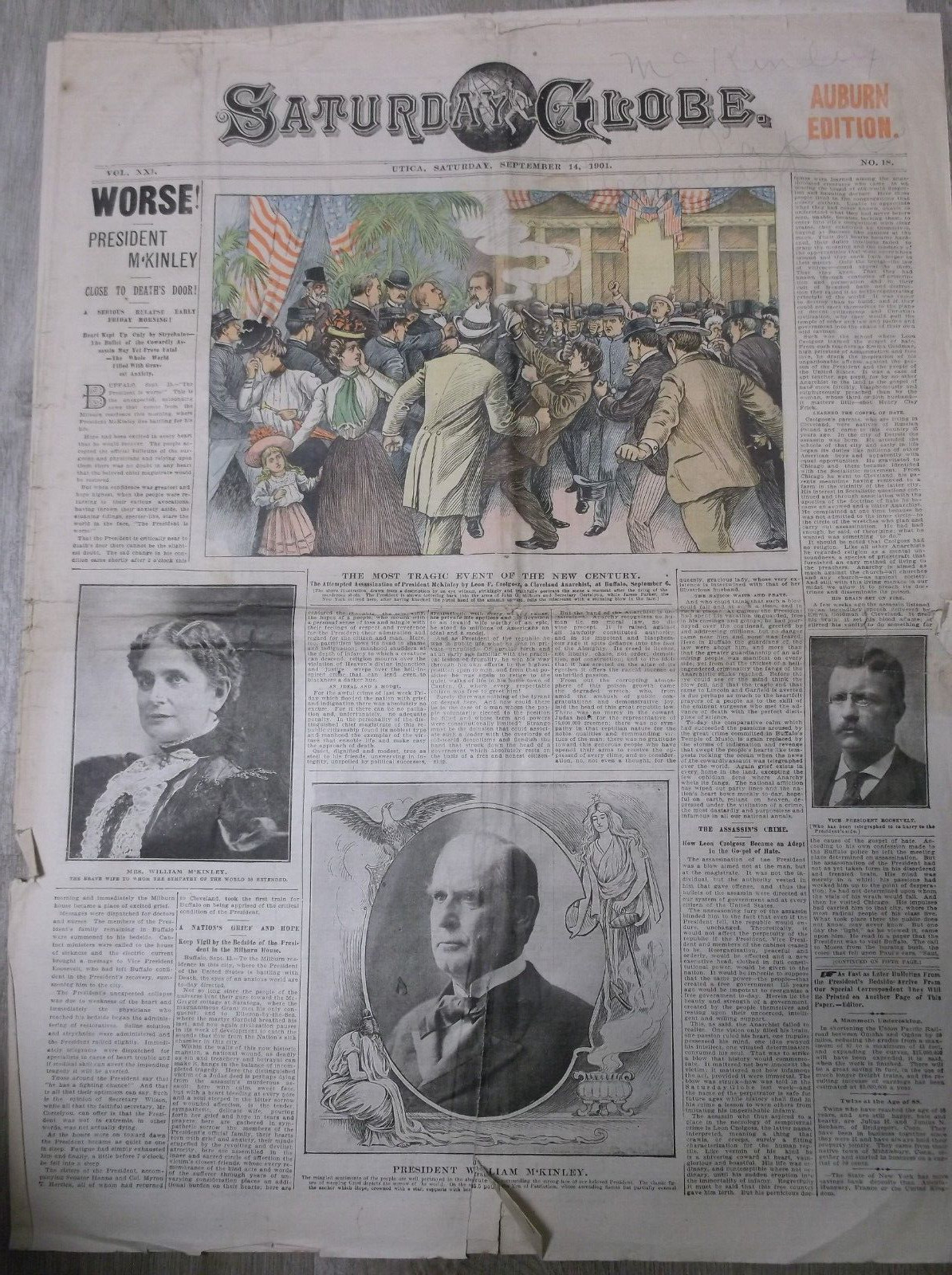 Utica Saturday Globe Spetember 14 1901 MCKINLEY ASSASSINATION