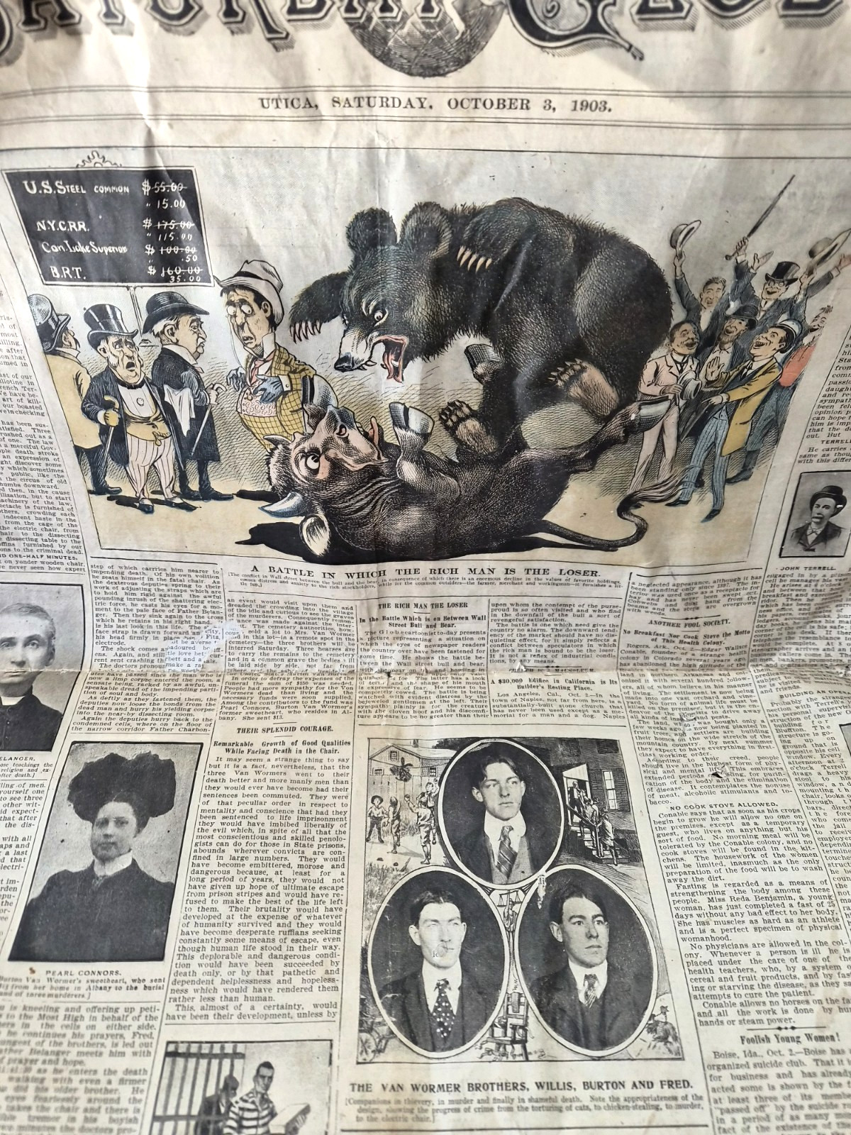 ANTIQUE NEWSPAPER: 1903 Saturday Globe, Utica, NY, Bulls & Bears