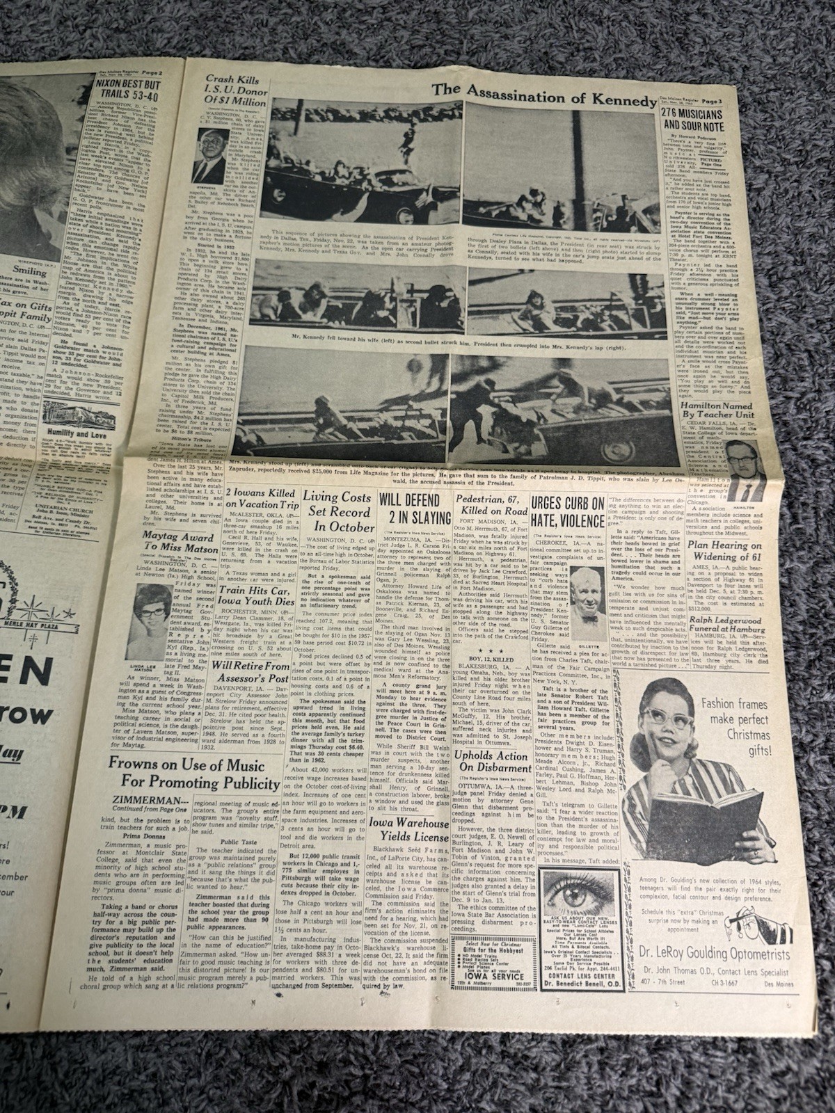 Des Moines IA Register Nov 1963 JFK Assassination Warren Commission Plane Crash