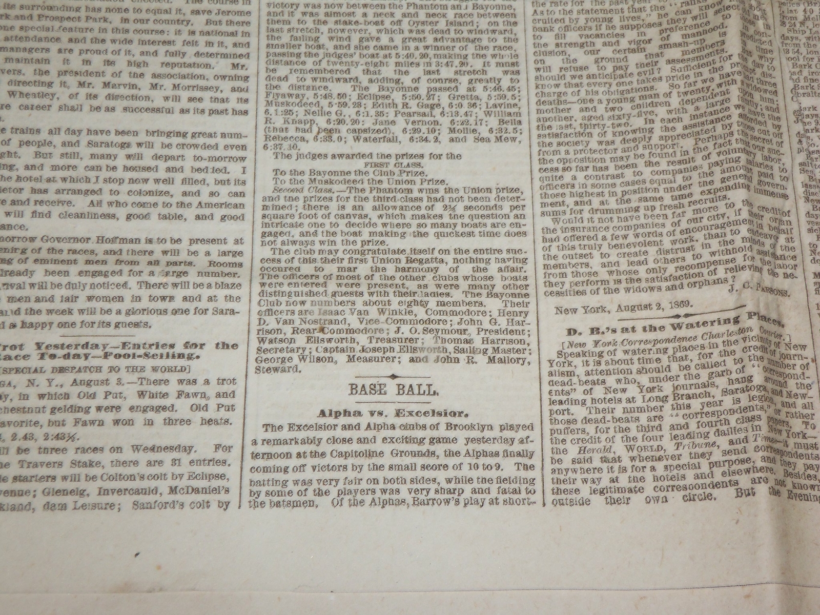 1869 AUGUST 4 THE NEW YORK WORLD NEWSPAPER – BASEBALL COVERAGE – NP 5233