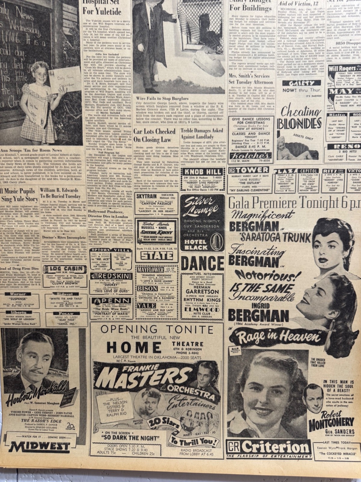 1946 DEC. MOVIE ADS 26 OKLA. CITY NEWSPAPER PAGES WITH LOTS OF ADS GROUP #25