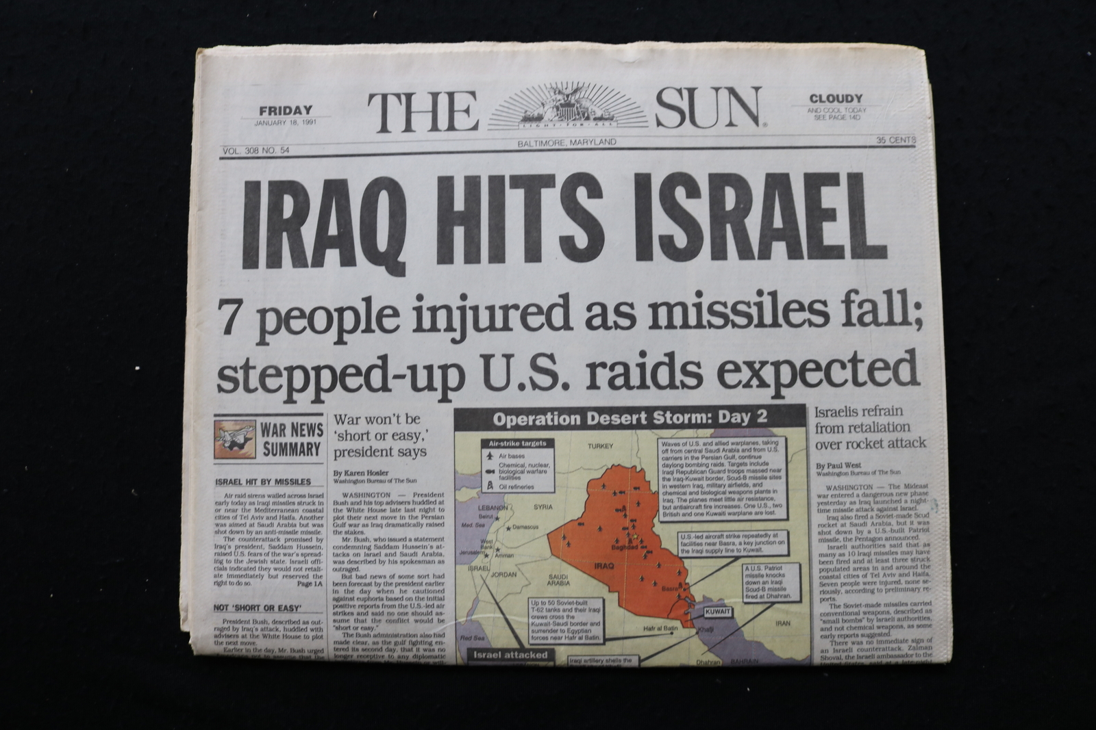 1991 JANUARY 18 THE SUN NEWSPAPER – BALTIMORE, MD – IRAQ HITS ISRAEL – NP 8910