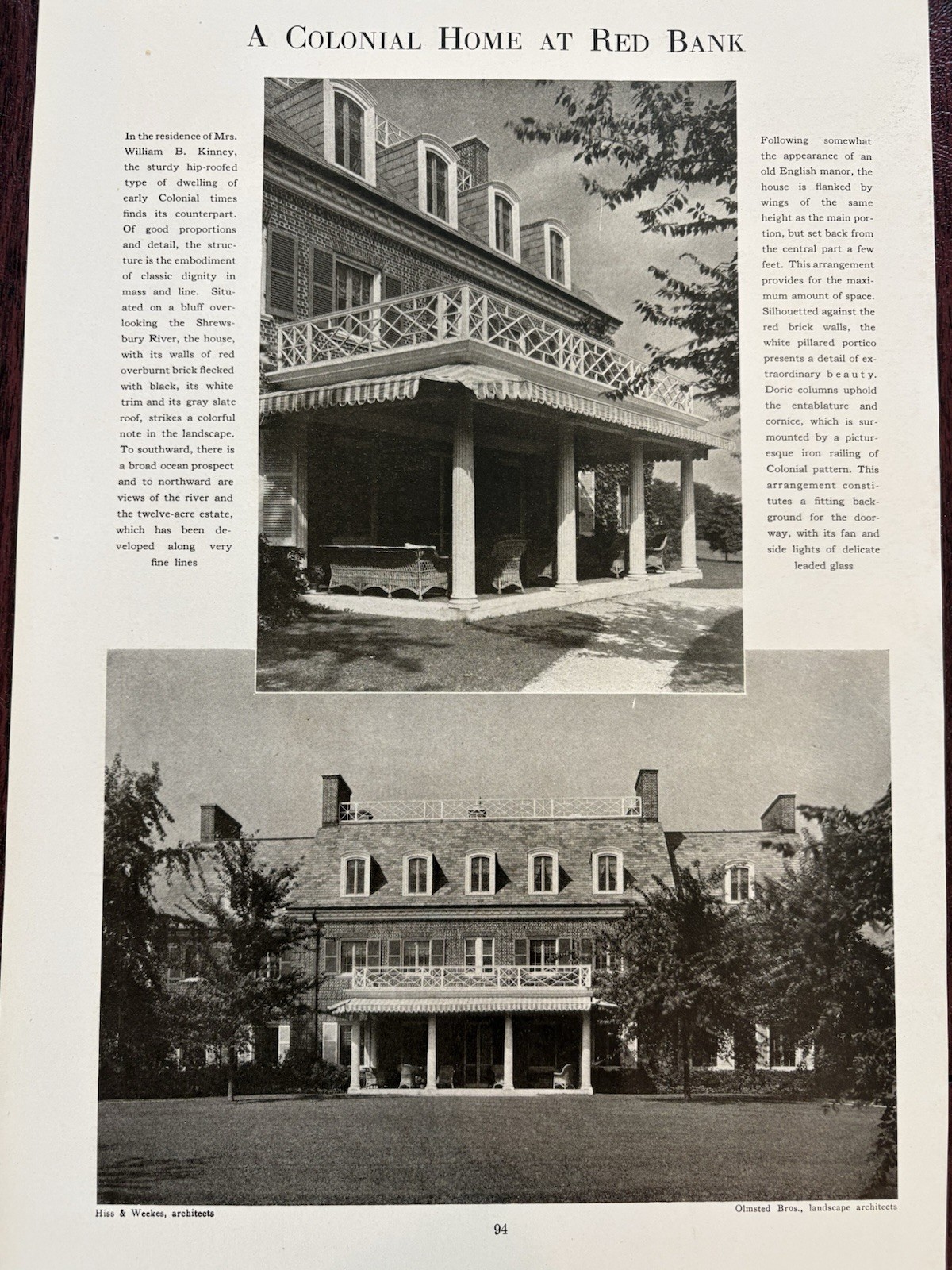Kinney Home Red Bank NJ Olmstead Brothers Landscape Architect Hiss & Weekes 1926