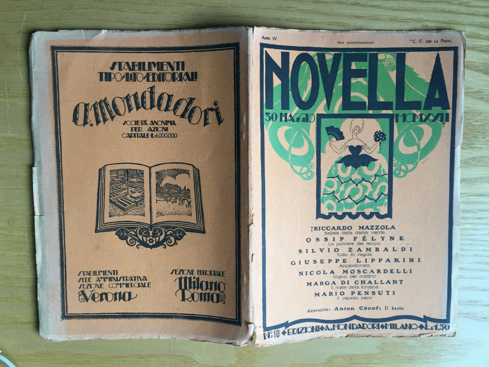 MONDADORI NOVELLA PERIODICAL ITALIAN WRITERS N° 10 1922 ANTON CECOF 2/19