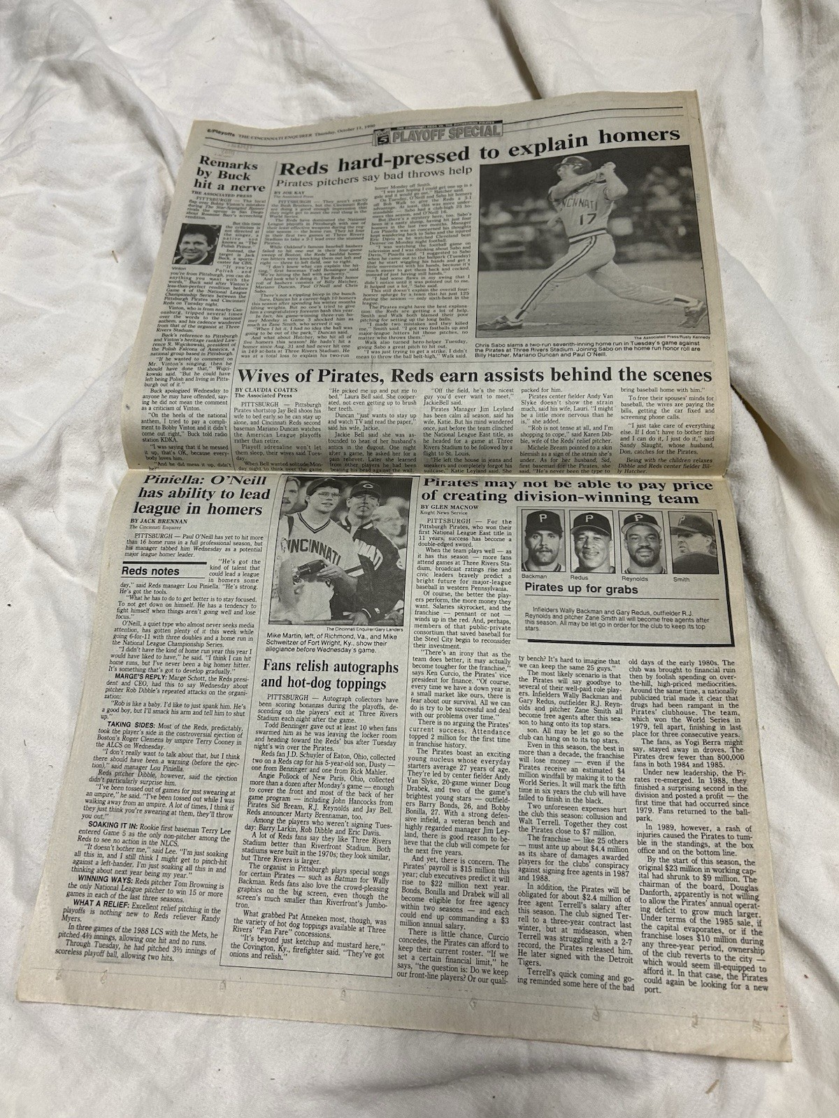 October 11, 1990, Cincinnati Enquirer sports pages – Pirates beat Reds in Game 5