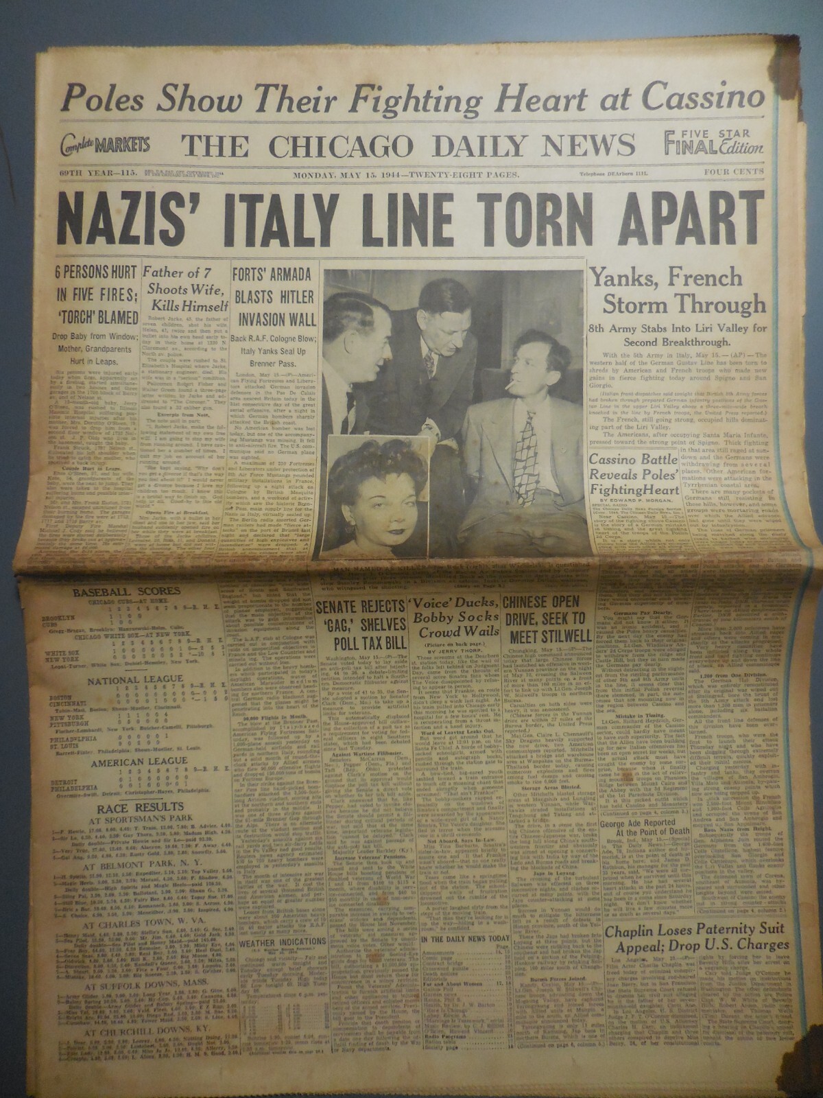 May 15, 1944 Chicago Daily News “Nazis’ Italy Line Torn Apart” Complete VG