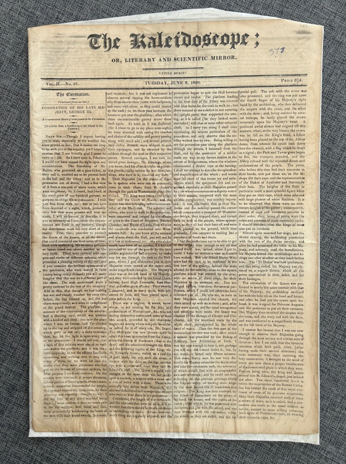 THE KALEIDOSCOPE CORONATION GEORGE III & IV 6th JUNE 1820 VINTAGE NEWSPAPER