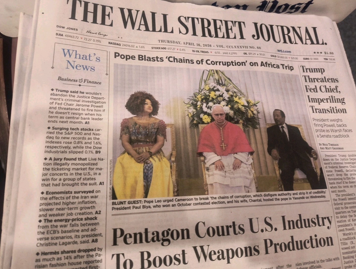 The Wall Street Journal Thursday April 16 2026 Pope Blasts ‘Chains Of Corruption