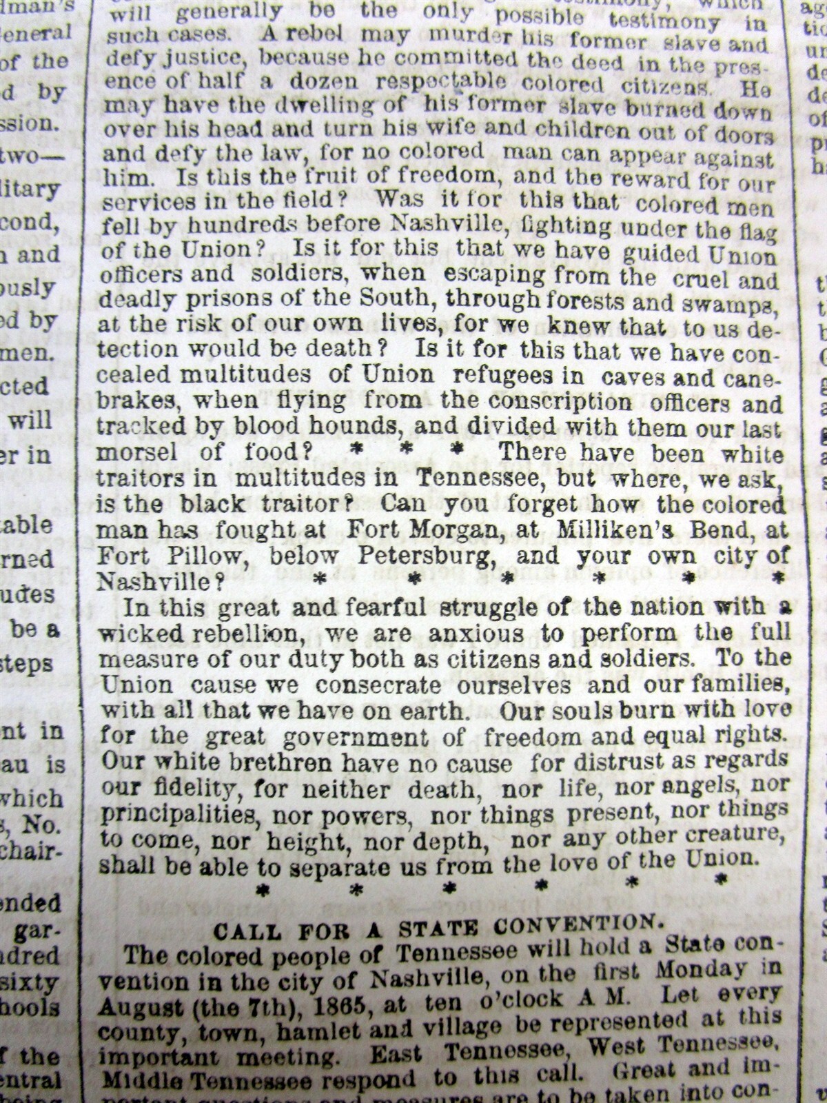 1865 newspaper w FATE of the FREED NEGR0 SLAVES in TENNESSEE after the Civil War