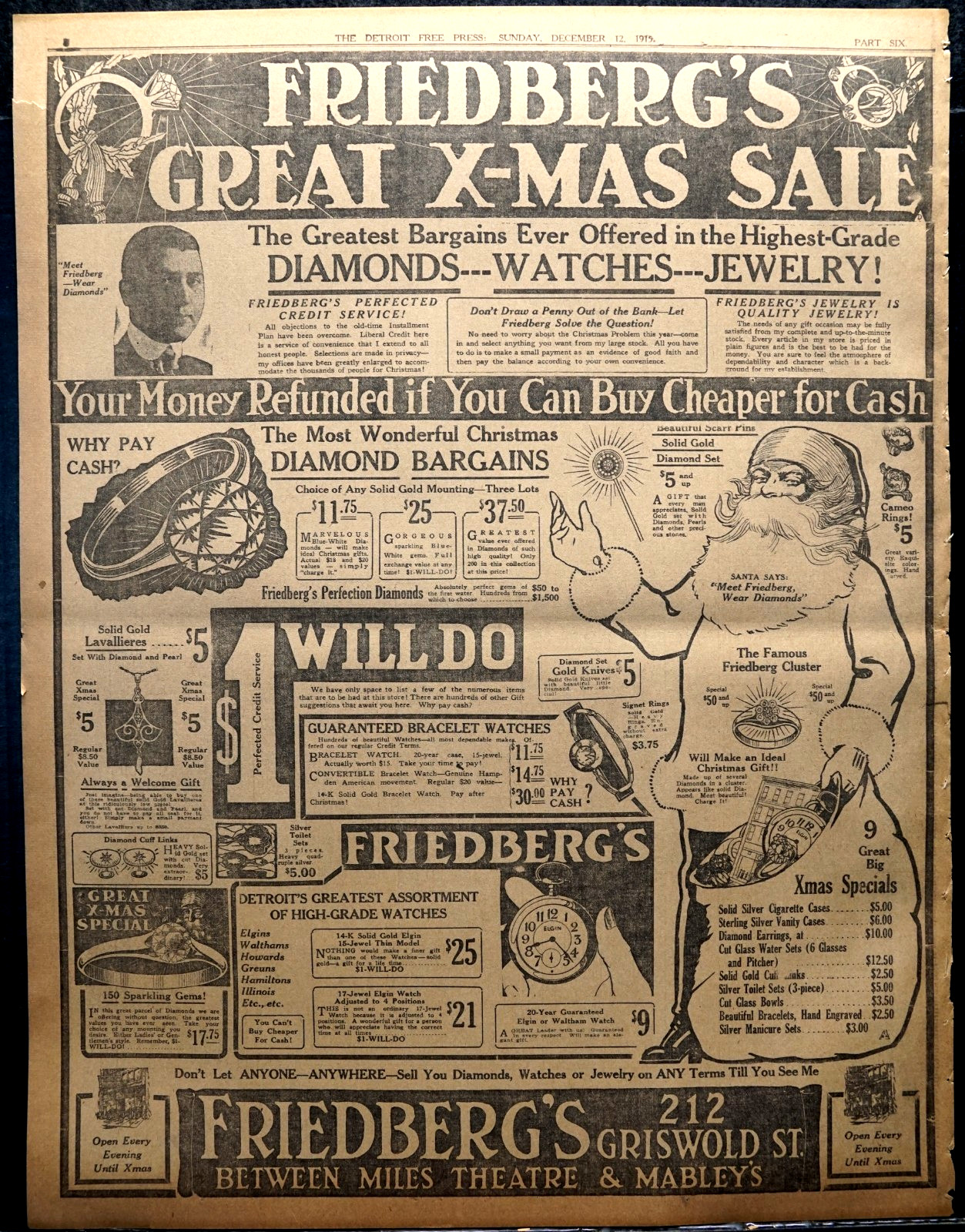 Rare 1915 Detroit Newspaper Full Page Ad – Friedberg’s Jewelry Store