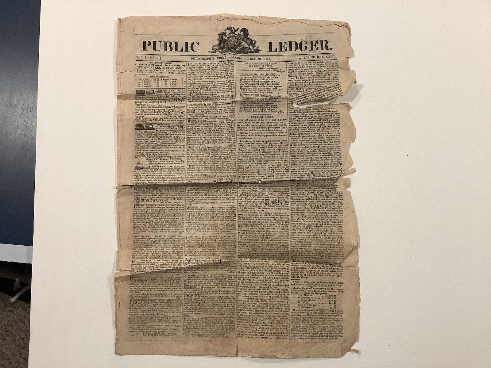 Org Phila. Public Ledger March 25 1836 Copy From 1886 1st News For common People