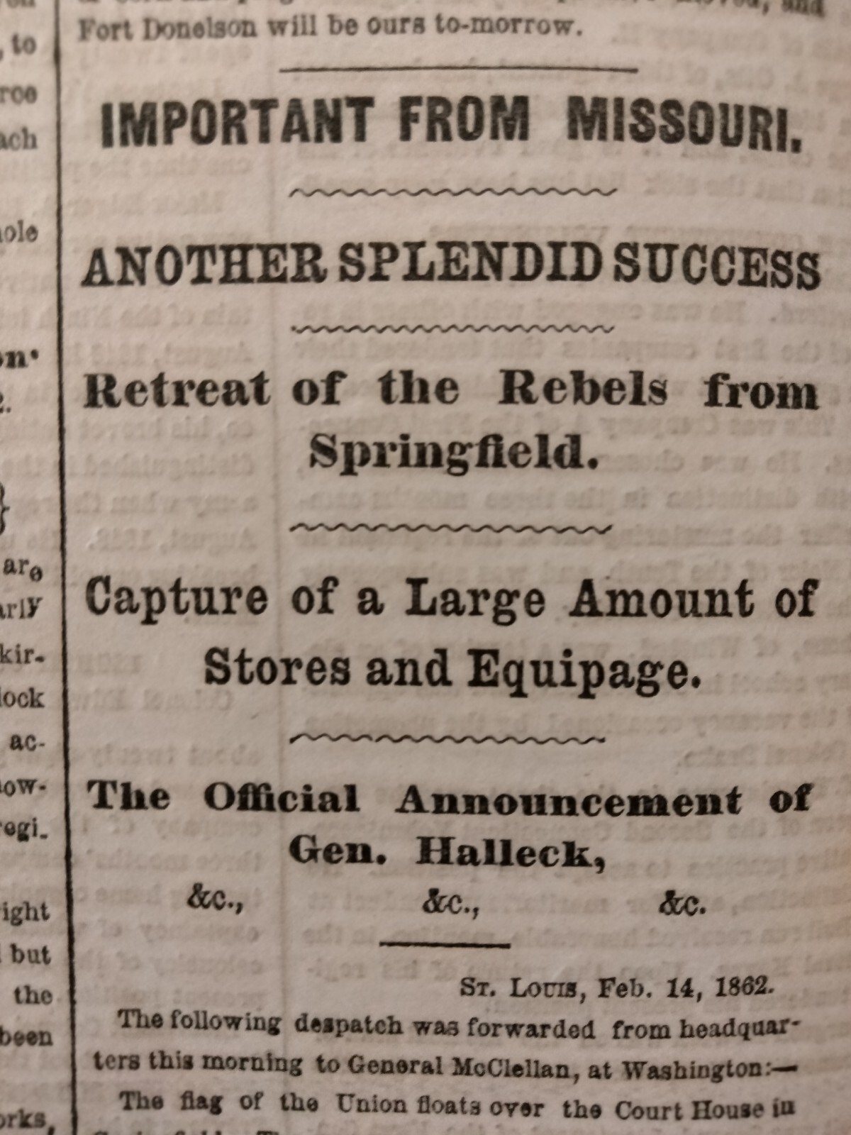 Civil War Newspapers- BRILLIANT VICTORY AT ROANOKE, BOMBARDMENT OF FORT DONELSON
