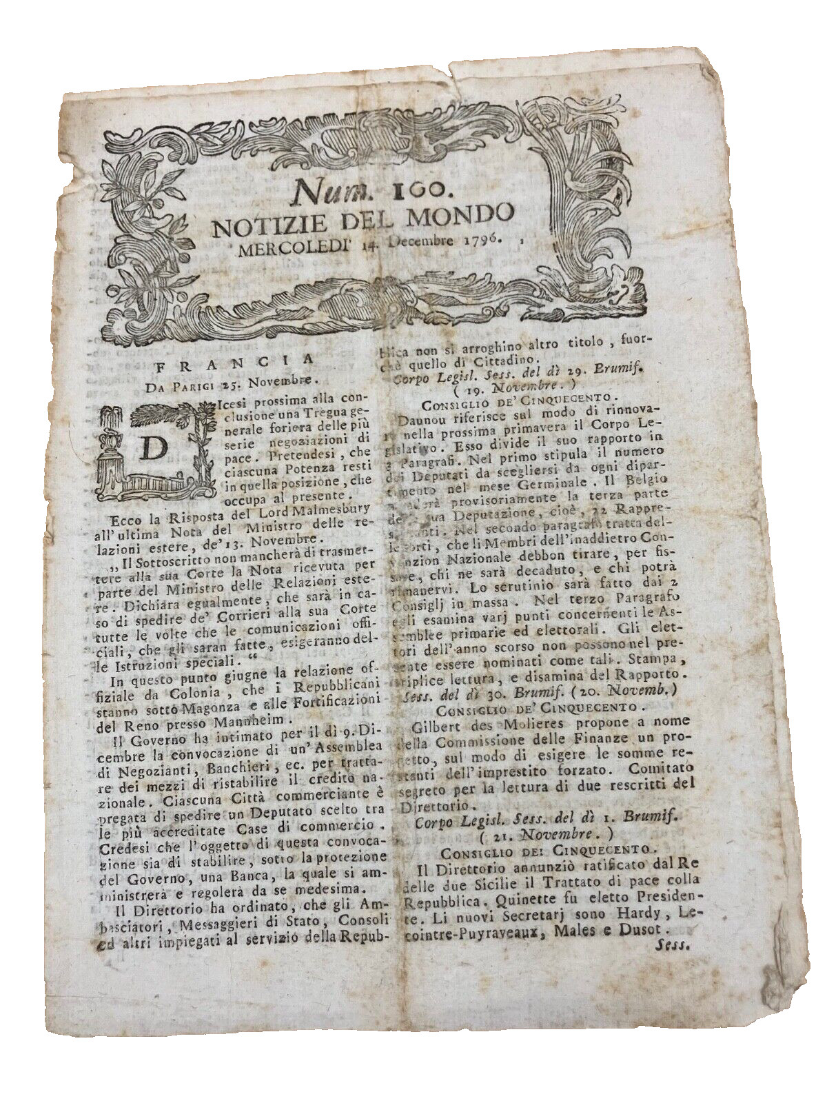 1796 Original Newspaper “Notizie dal Mondo” w/ article on the Directory