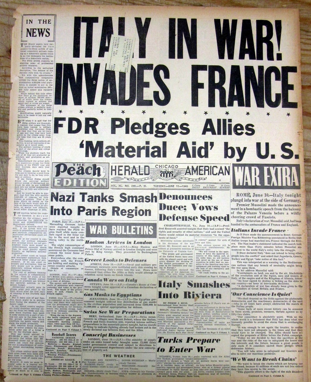 1940 WW II newspaper ITALY ENTERS WORLD WAR TWO as AXIS POWER – Attacks France