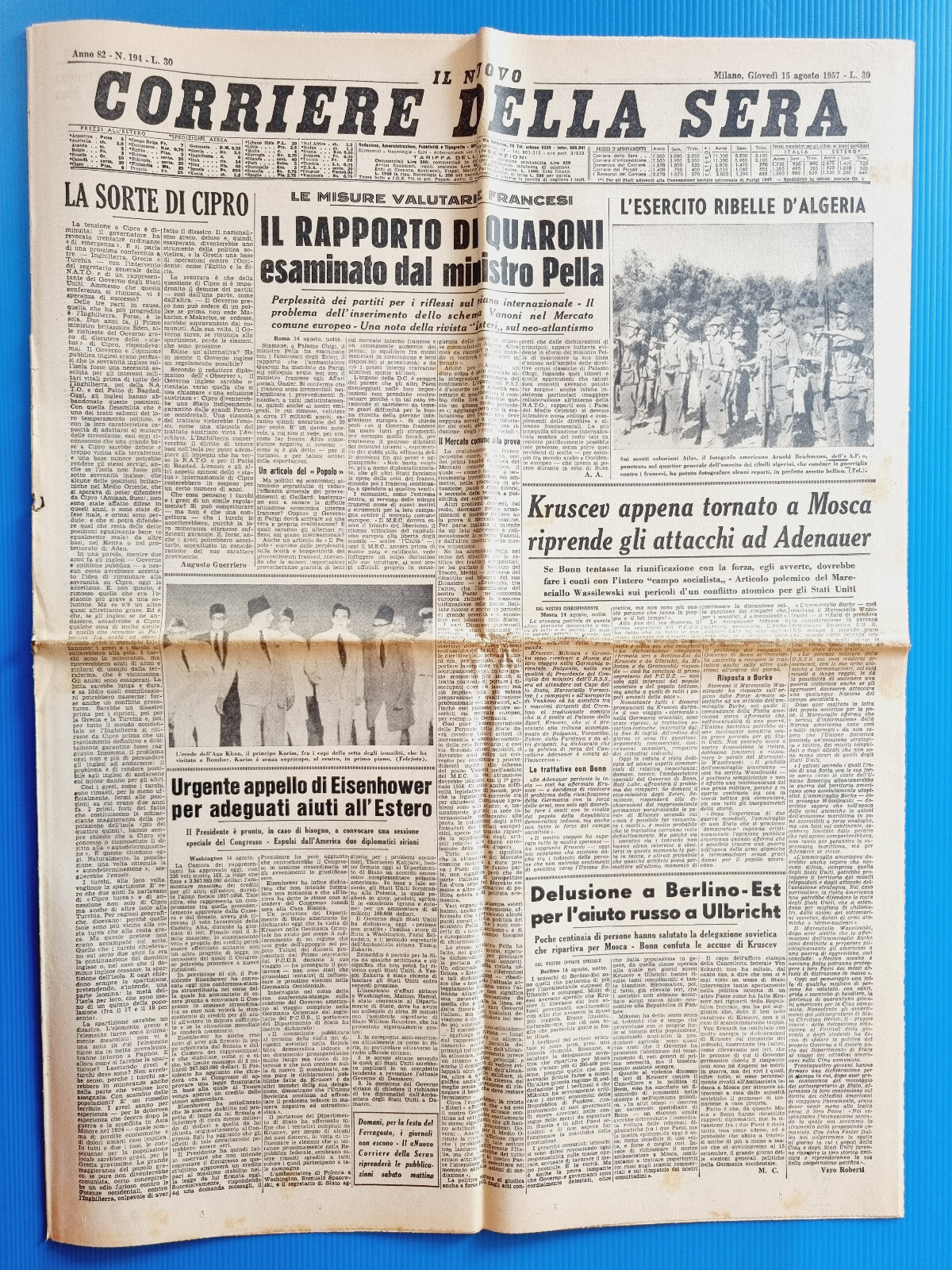 CORRIERE DELLA SERA 15 AUGUST 1957 QUARONI-PELLA-ALGERIA-KRUSCEV-EISENHOWER