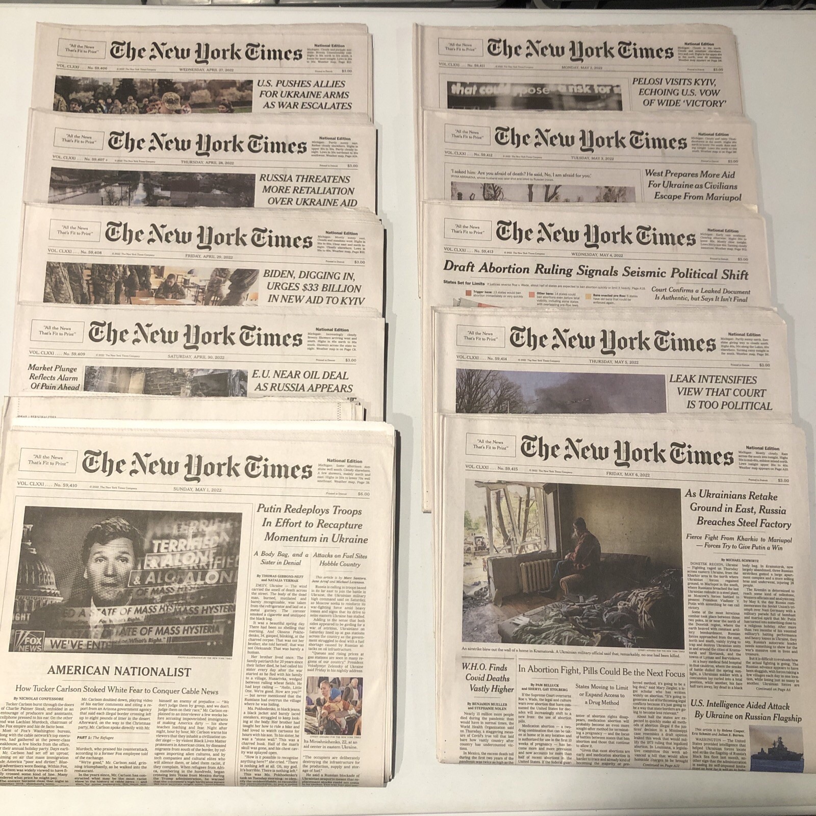 New York Times 10 Used Newspapers Lot – April 27 28 29 30, May 1 2 3 4 5 6, 2022