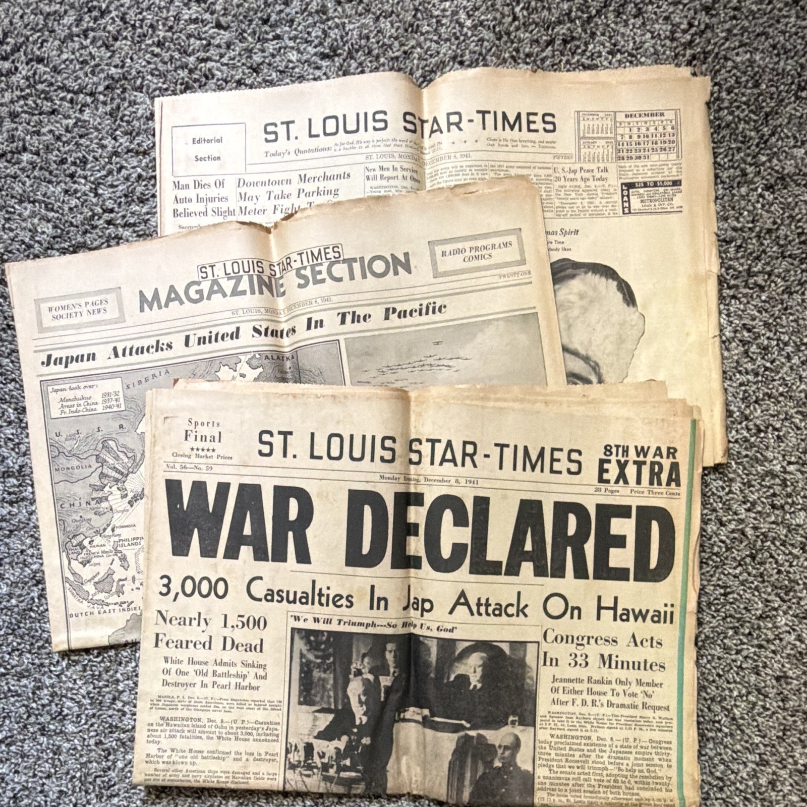 St Louis Star-Times Dec 8 1941 8th War Extra Pearl Harbor War Declared WWII