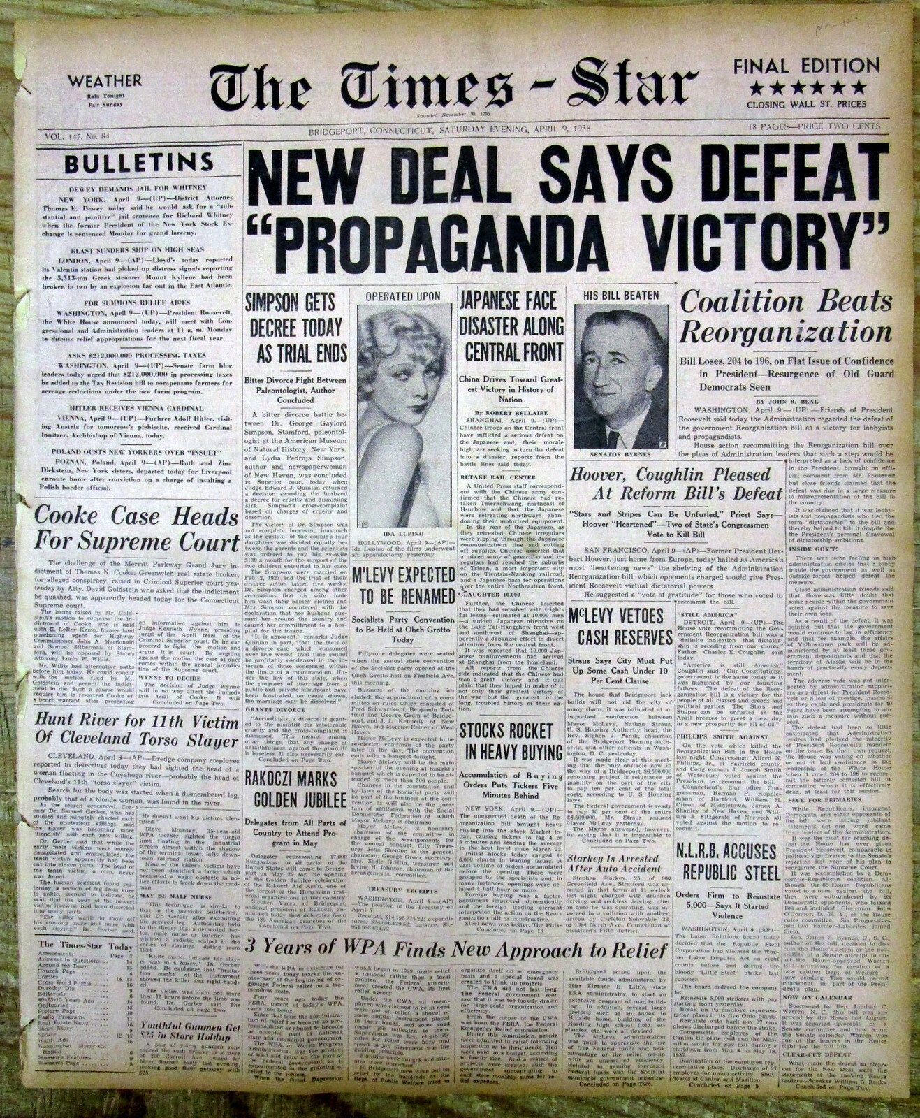 BEST 1938 headline newspaper President Franklin D Roosevelt THE NEW DEAL ENDS