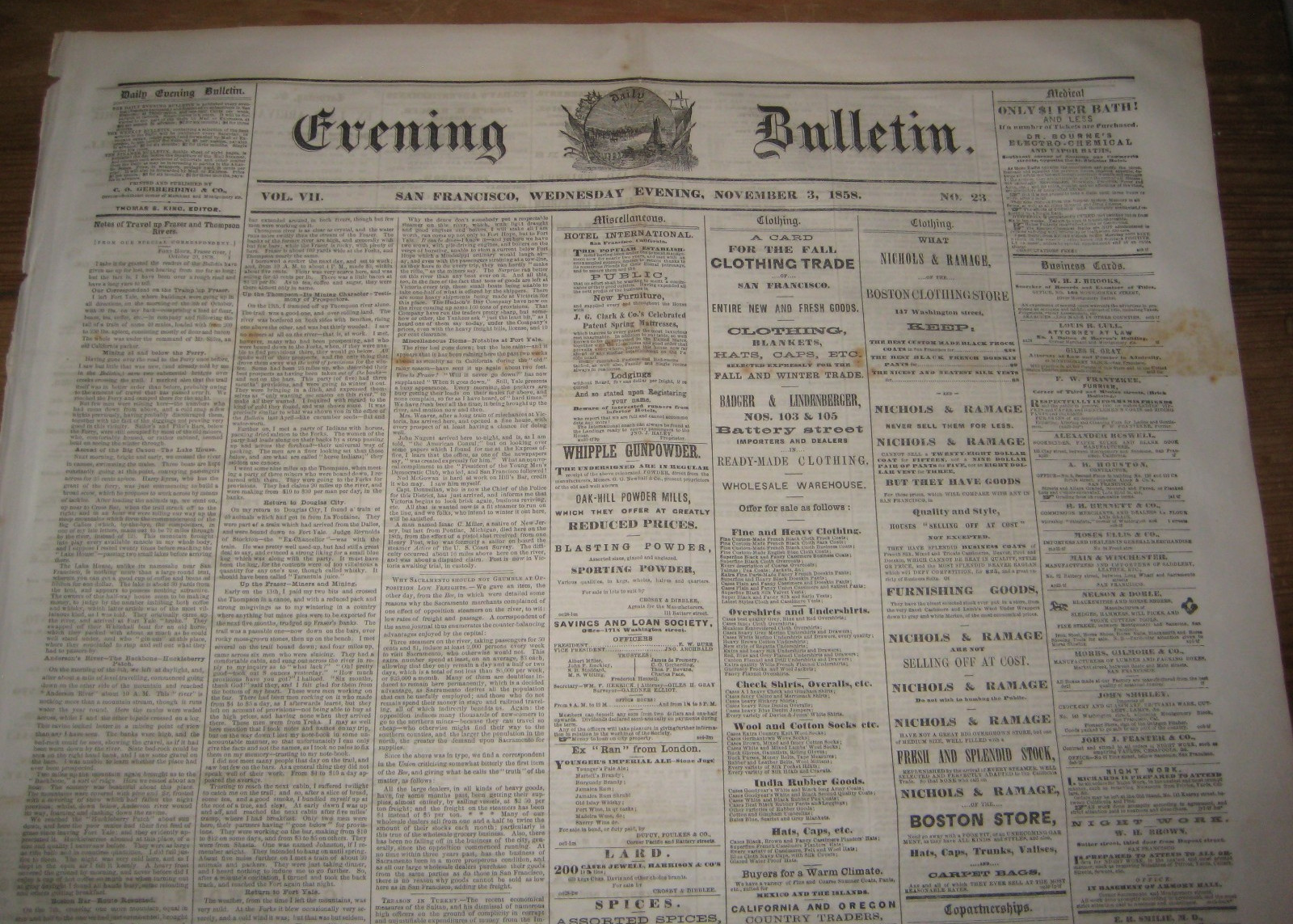 1858 San Francisco Newspaper, Gold Assayers, Horse Thieves, Piracy +