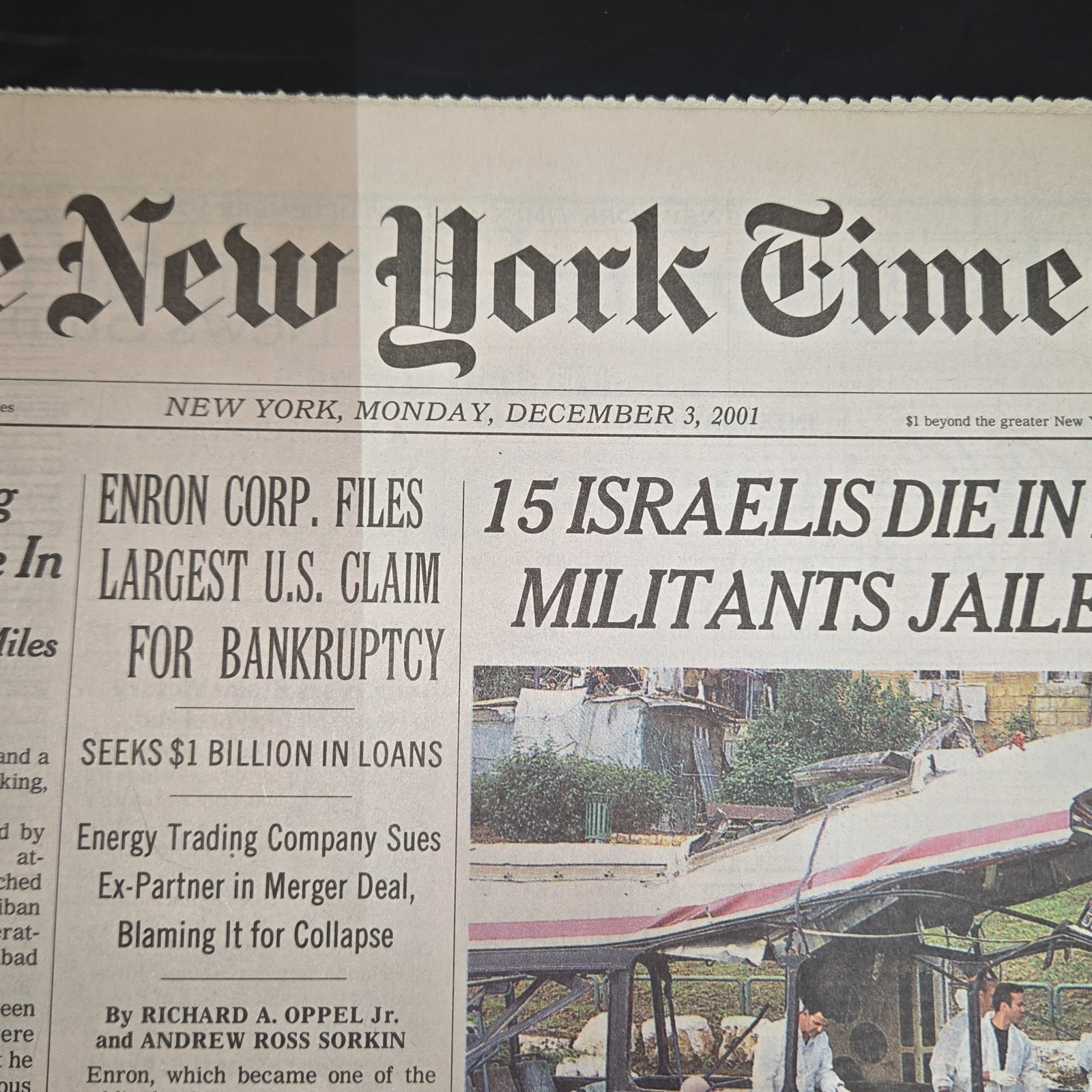 The New York Times December 3 2001 Newspaper Enron Bankruptcy Israel Attack