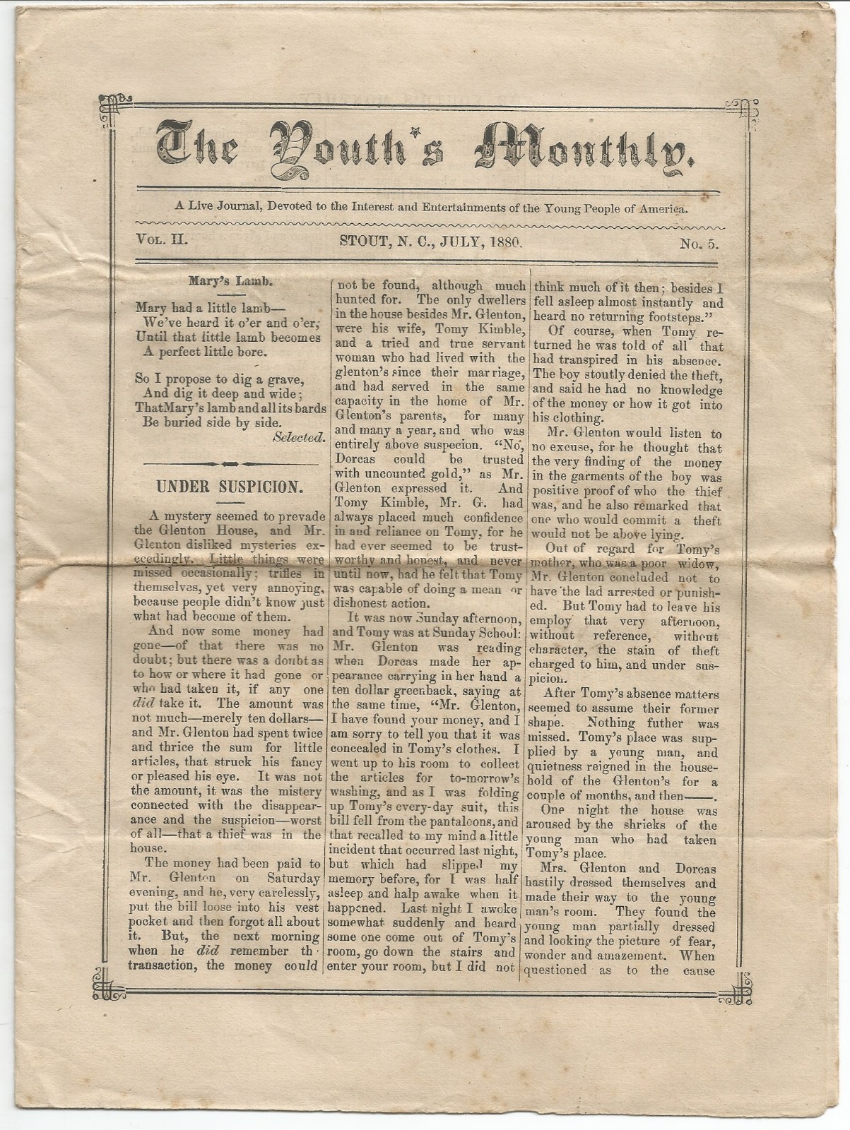 Stout, N. C. Amatuer Newspaper… The Youth’s Monthly.. July 1880…8 Pages