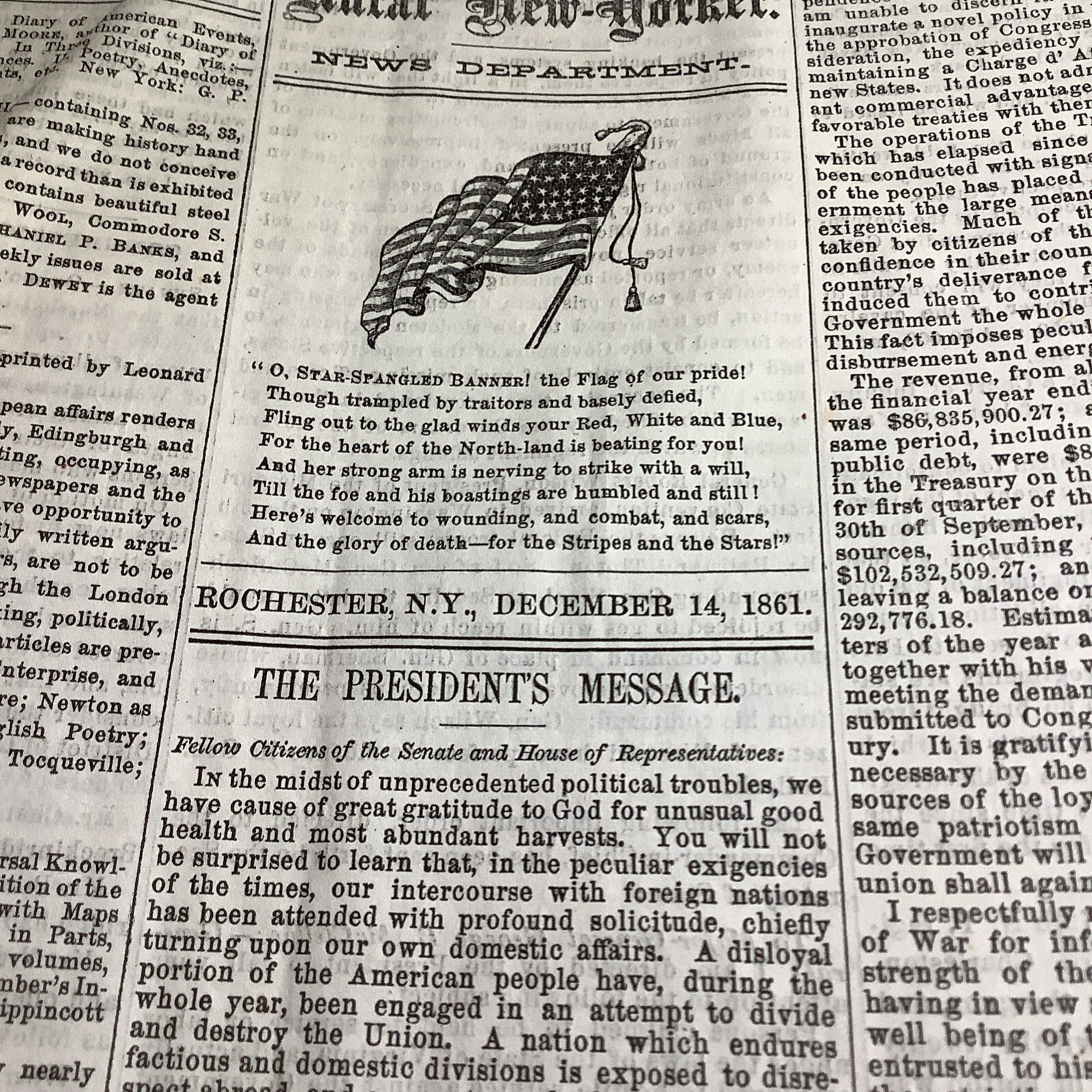 1861 CIVIL WAR NEWSPAPER ~ ABRAHAM LINCOLN STATE OF THE UNION ADDRESS