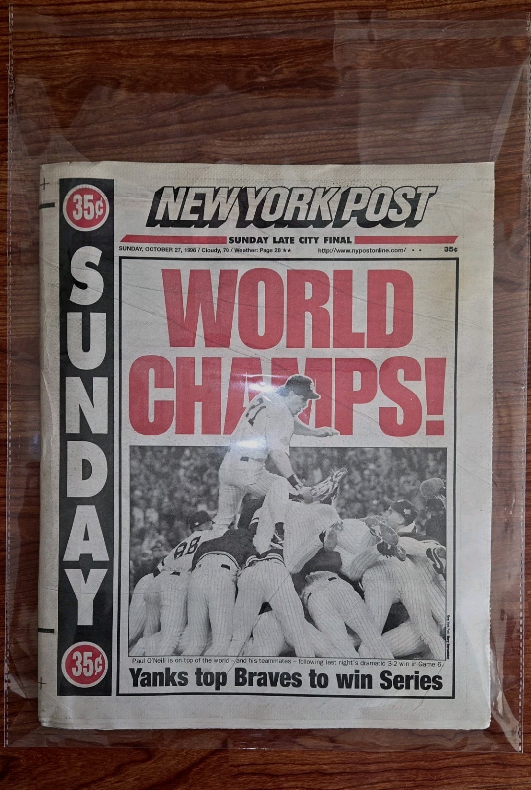 NY YANKEES WORLD SERIES CHAMPS 10/27/1996 NY POST .. FRAME IT!!