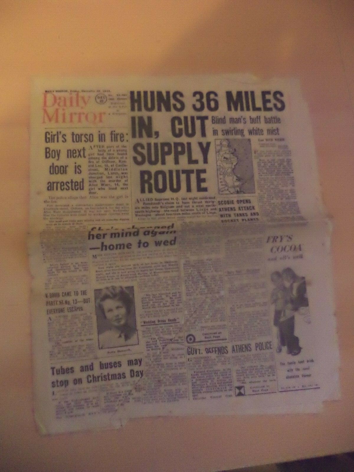 daily mirror OLD VINTAGE ORIG NEWSPAPER 1940S ww2 22 dec 1944 liege bastogne