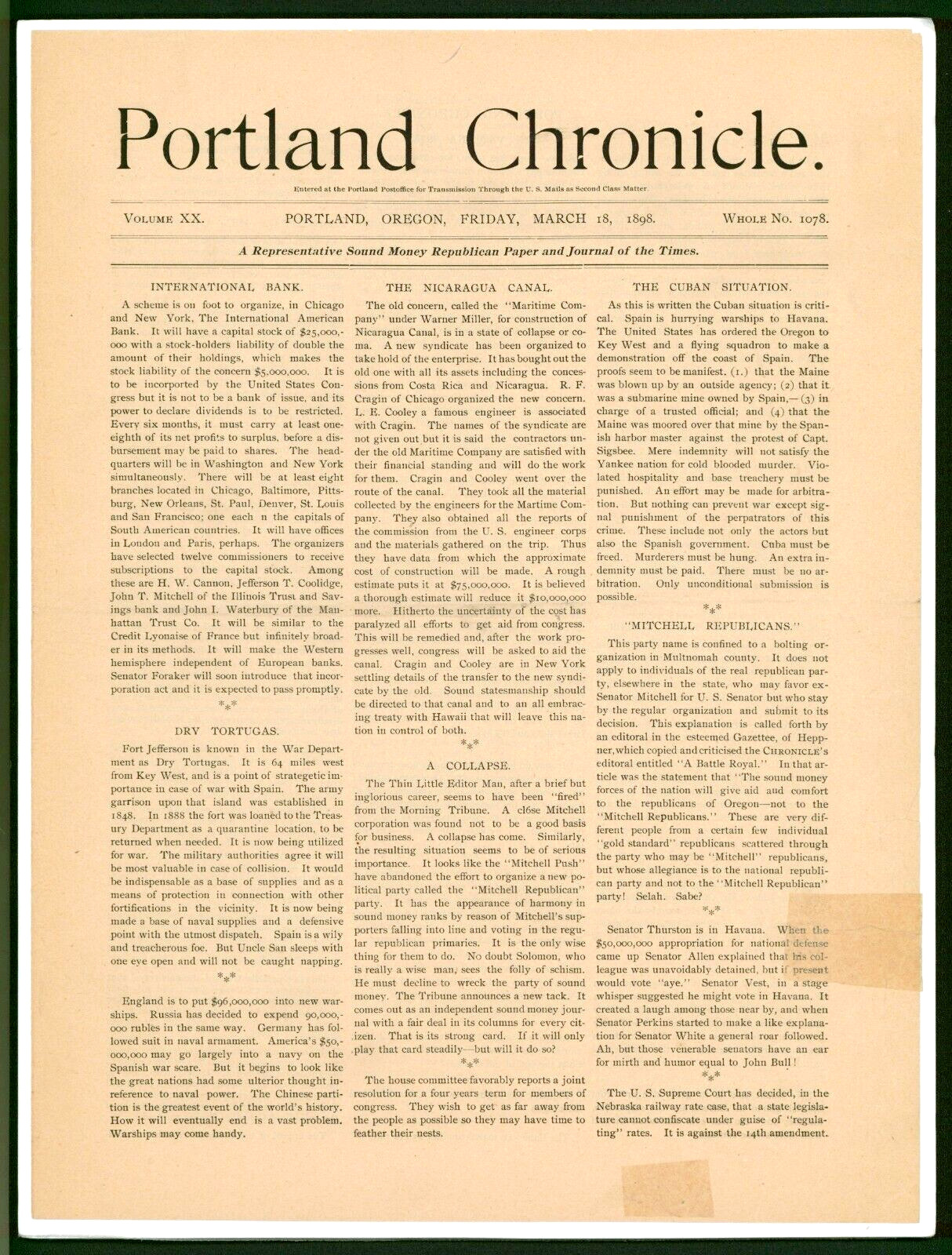 Portland Chronicle Oregon Newspaper 1898 – ORIGINAL