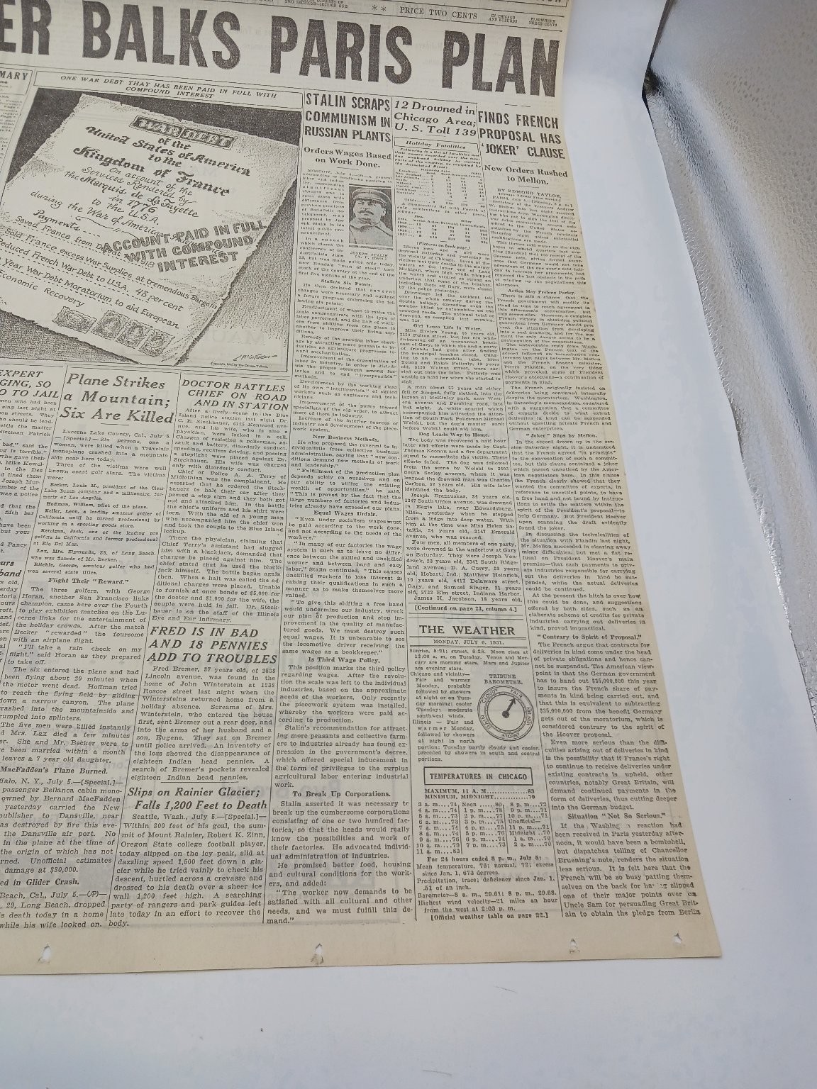 July 1931 Chicago Tribune Hoover Paris Plan Plane Crash Newspaper Page