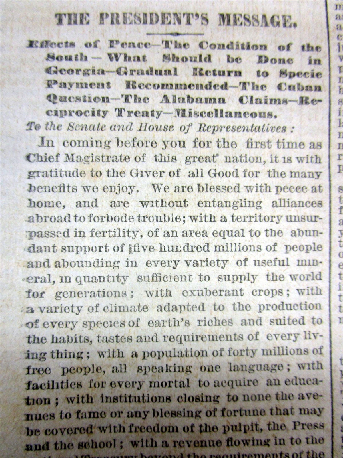 1869 PRESIDENT U S GRANT SPEECH – He calls for CIVIL RIGHTS for freed SLAVES