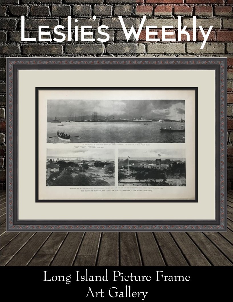 Original 1900s Leslie’s Weekly Honolulu Harbor Hawaii Custom Framed