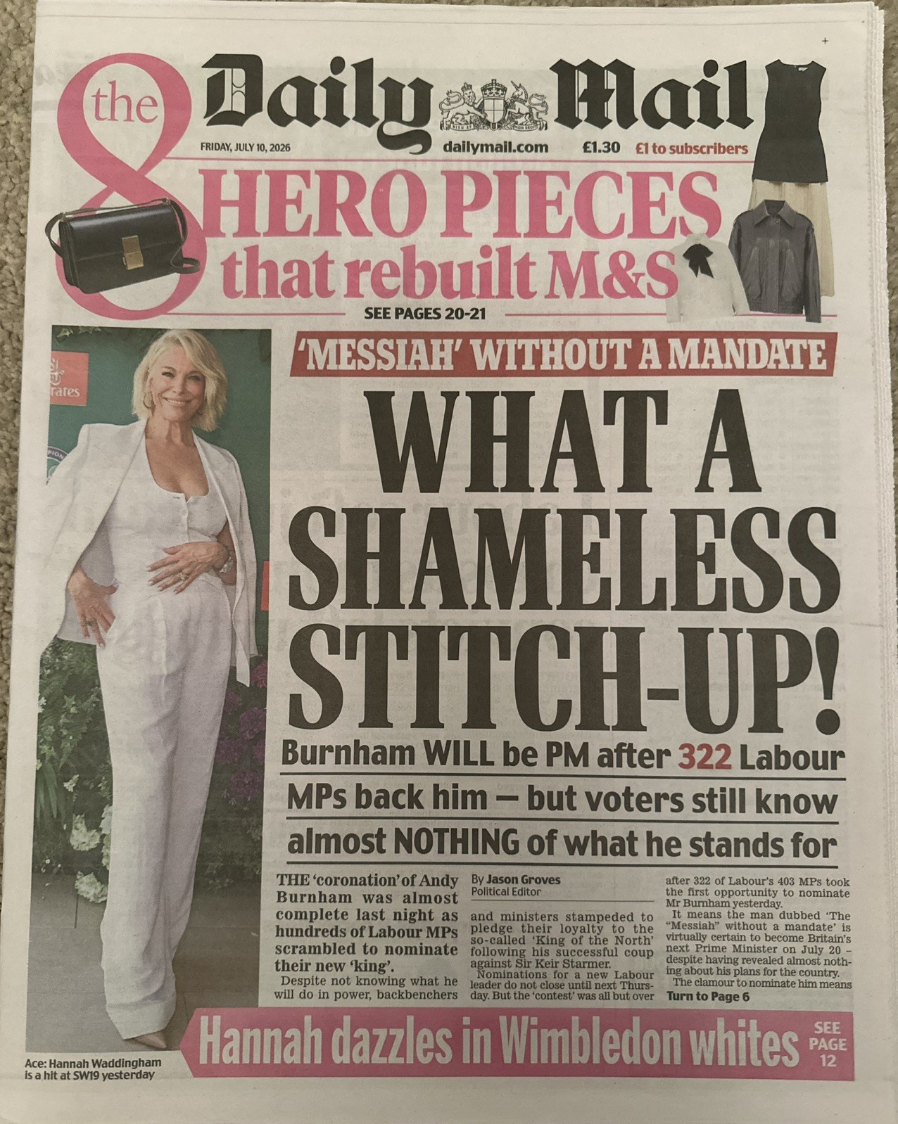 Daily Mail 10th July 2026 10/7/26 Hannah Waddingham & France Beat Morocco