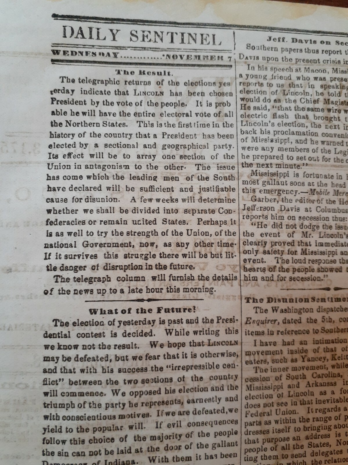 Civil War Newspapers- ABRAHAM LINCOLN ELECTED PRESIDENT, INDIANA NEWSPAPER 1860