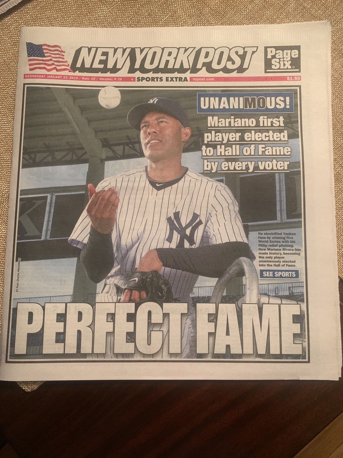 MARIANO RIVERA NY POST FULL NEWSPAPER NY YANKEES HALL OF FAME UNANIMOUS 1/23/19