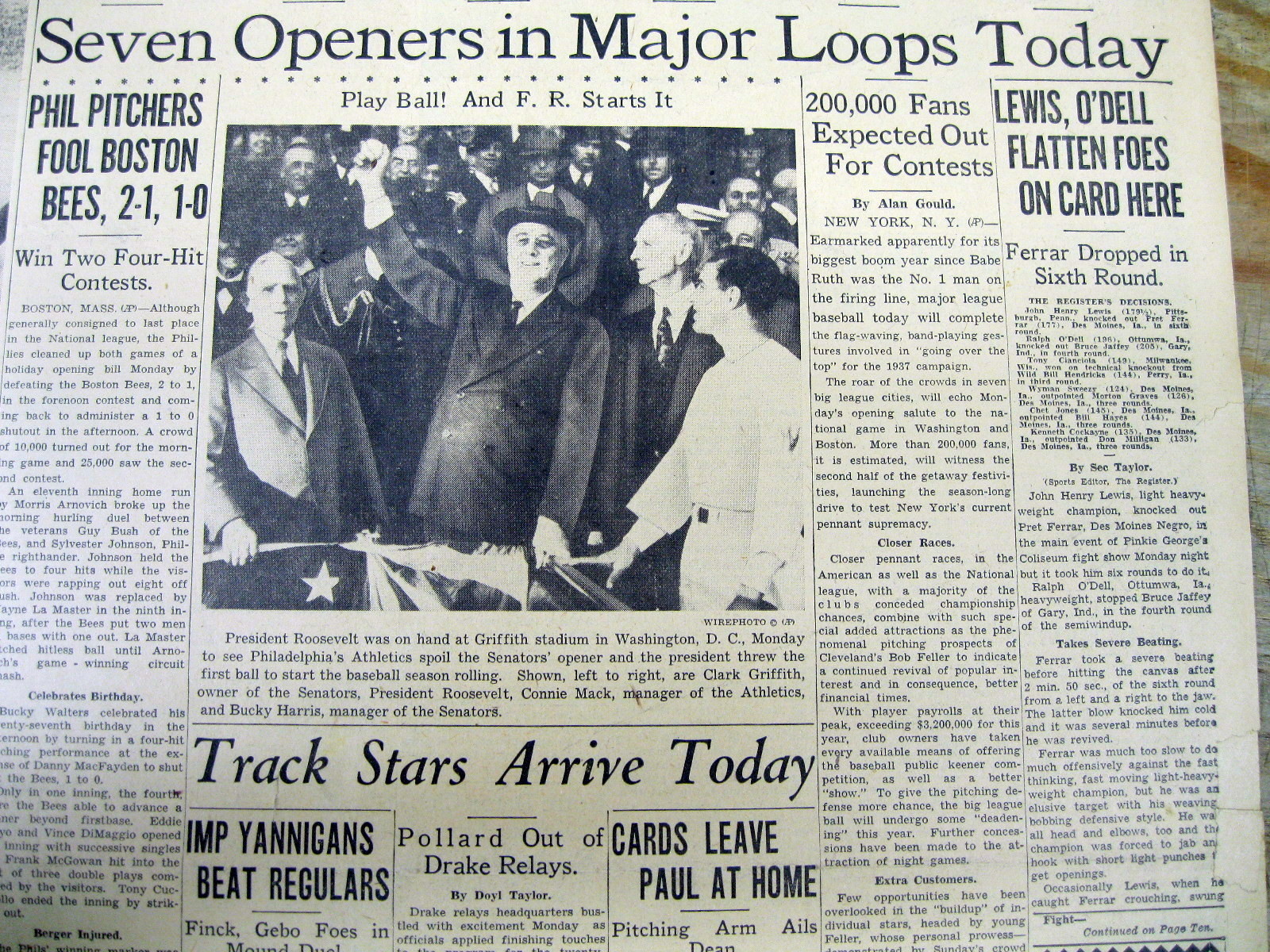 2 1937 newspapers FRANKLIN D ROOSEVELT THROWS OUT 1st PITCH Washington baseball