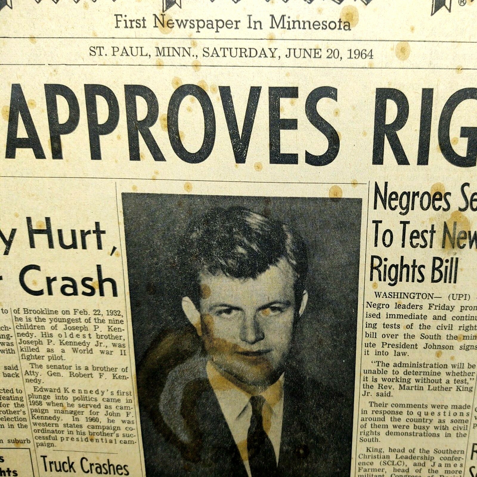 Vintage Newspaper 1964 Edward Kennedy Plane Crash + MLK To Test Rights Bill