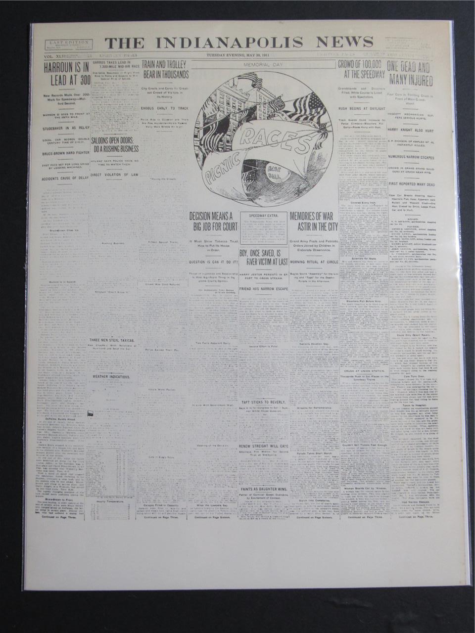 VINTAGE NEWSPAPER HEADLINE ~ HARROUN MARMON WINS 1st INDIANAPOLIS 500 RACE 1911