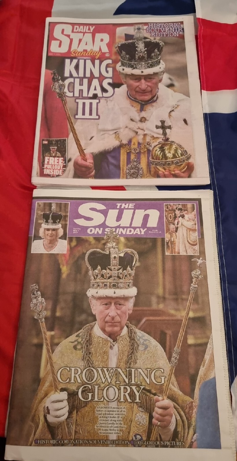 2 x King Charles III Coronation News Papers Sunday Star, The Sun 07.05.2023