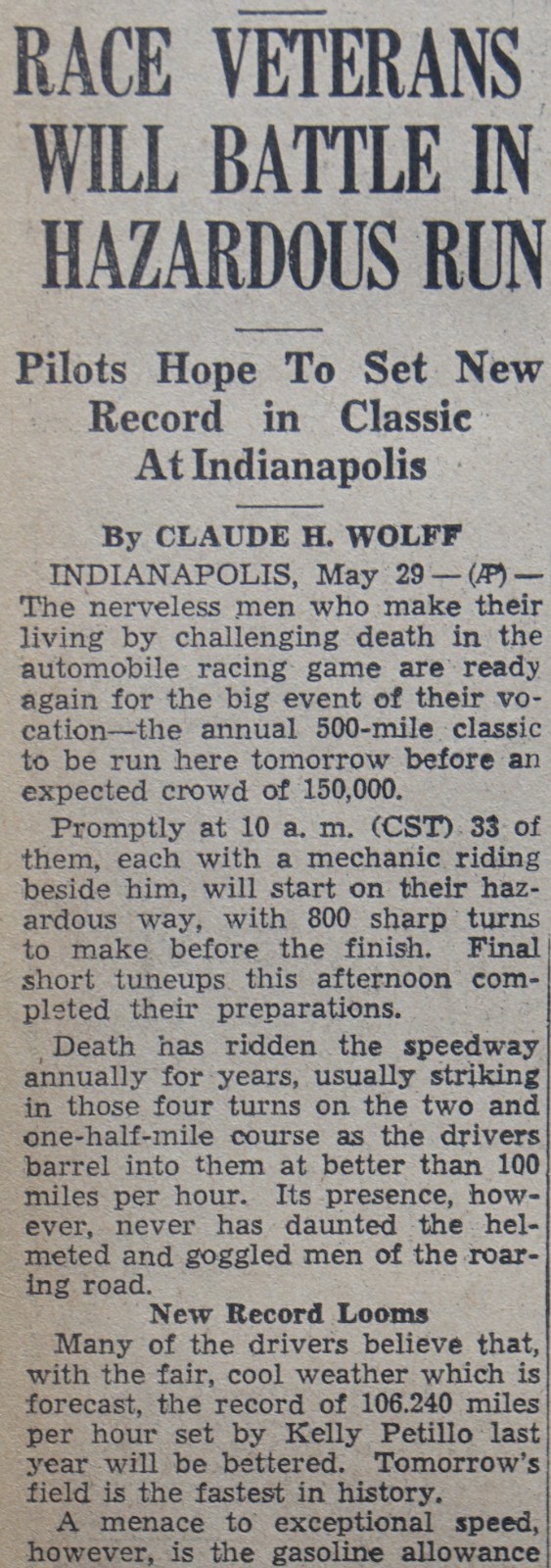 1936 Arizona Sports Page – 33 Drivers Ready For Indianapolis 500 Auto Race