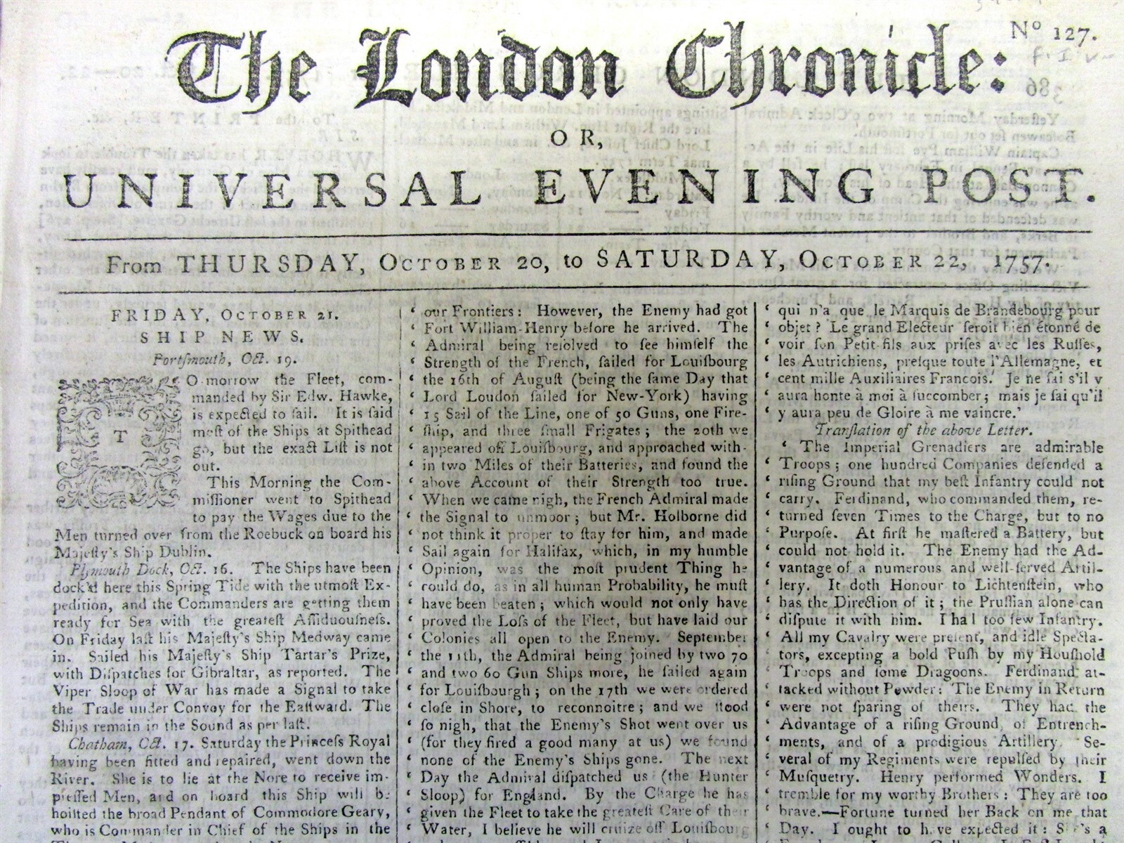 1757 newspaper LORD LOUDOUN as VIRGINIA Governor during the FRENCH & INDIAN WAR