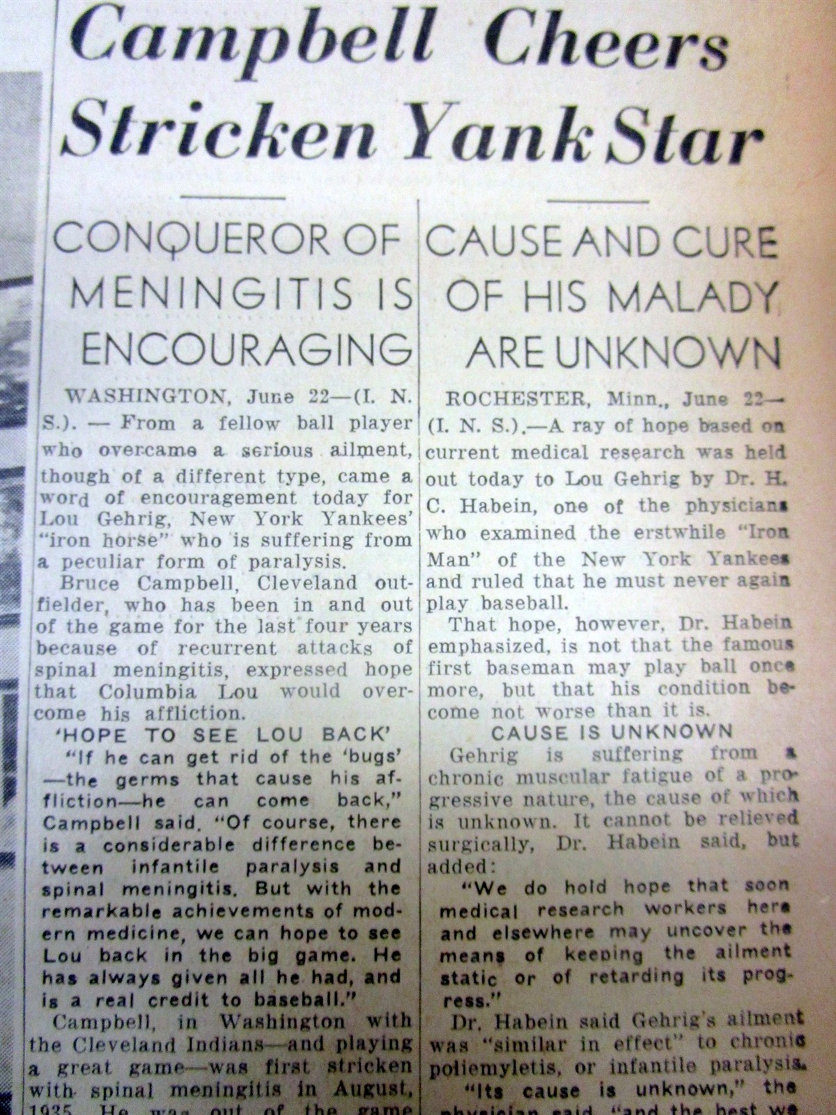 1939 display newspaper LOU GEHRIG DIAGNOSED WITH FATAL DISEASE & QUITS BASEBALL