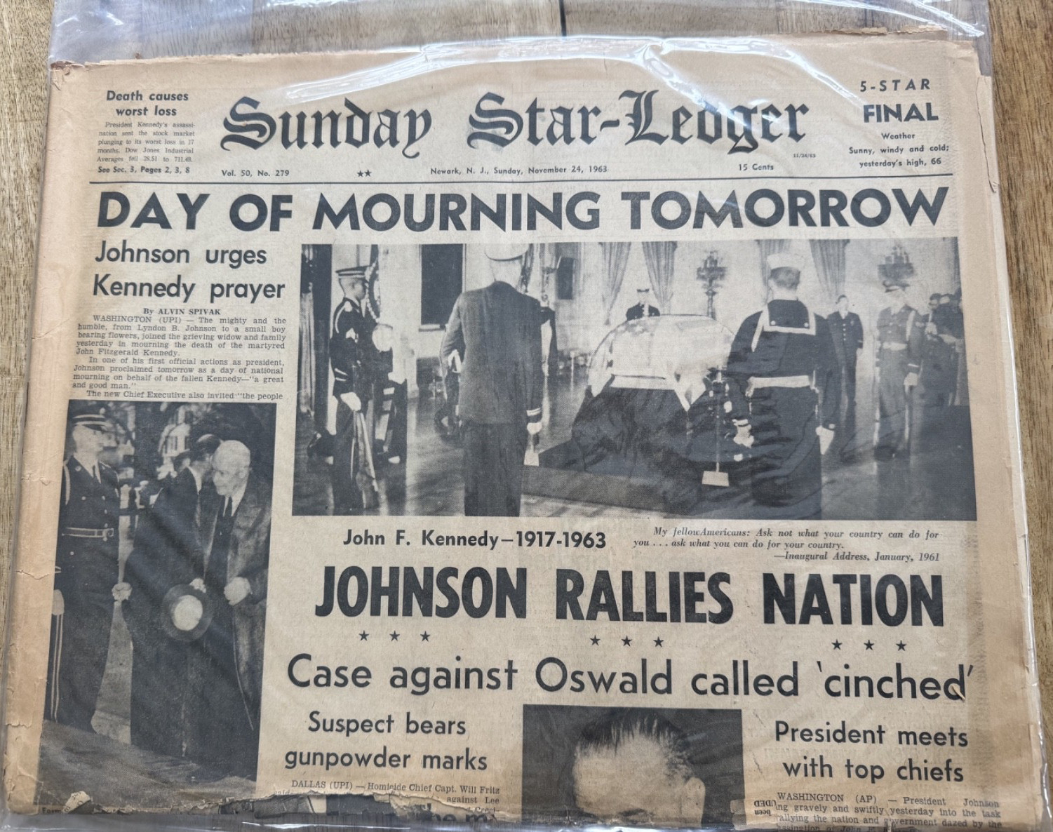 KENNEDY ASSASSINATION DAY OF MOURNING Newark Star-Ledger Newspaper Nov 24 1963